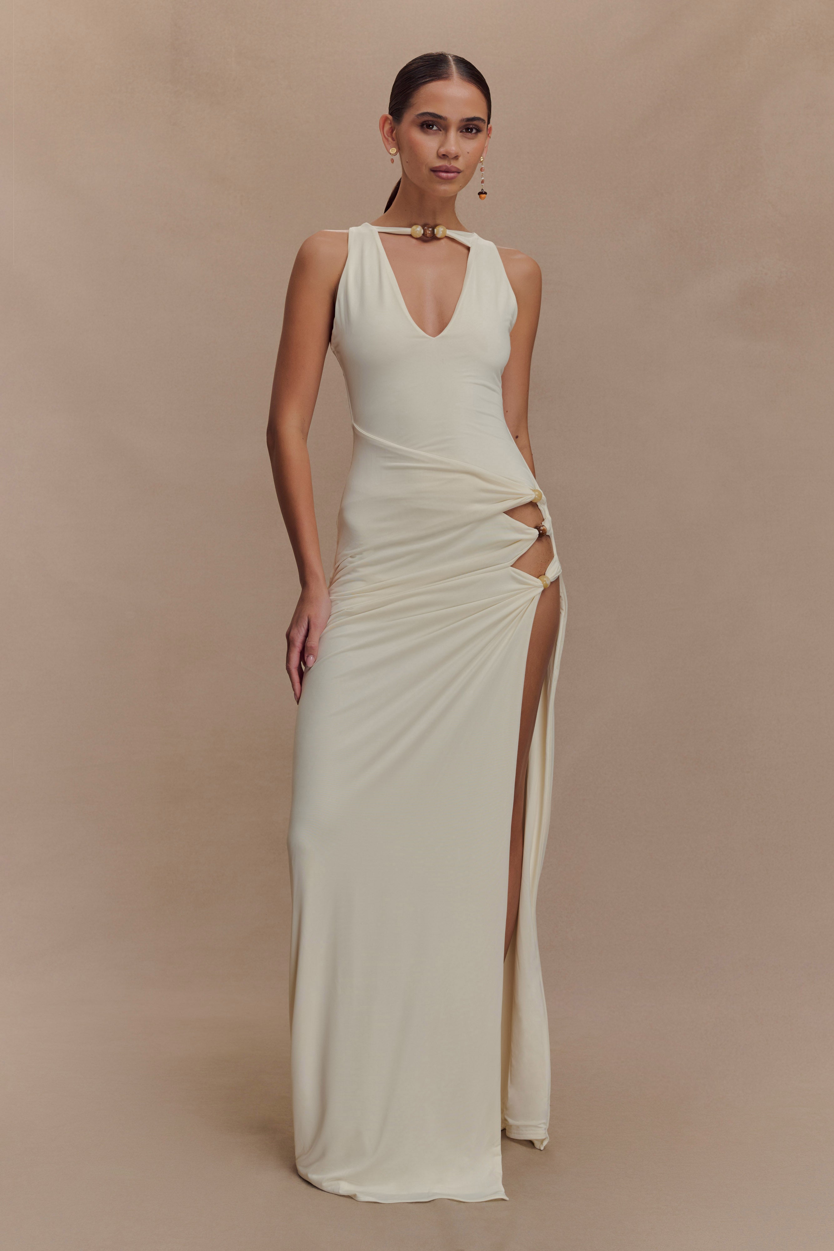 Kaiden Slinky Beaded Maxi Dress - Ivory、mySite、solidvoid