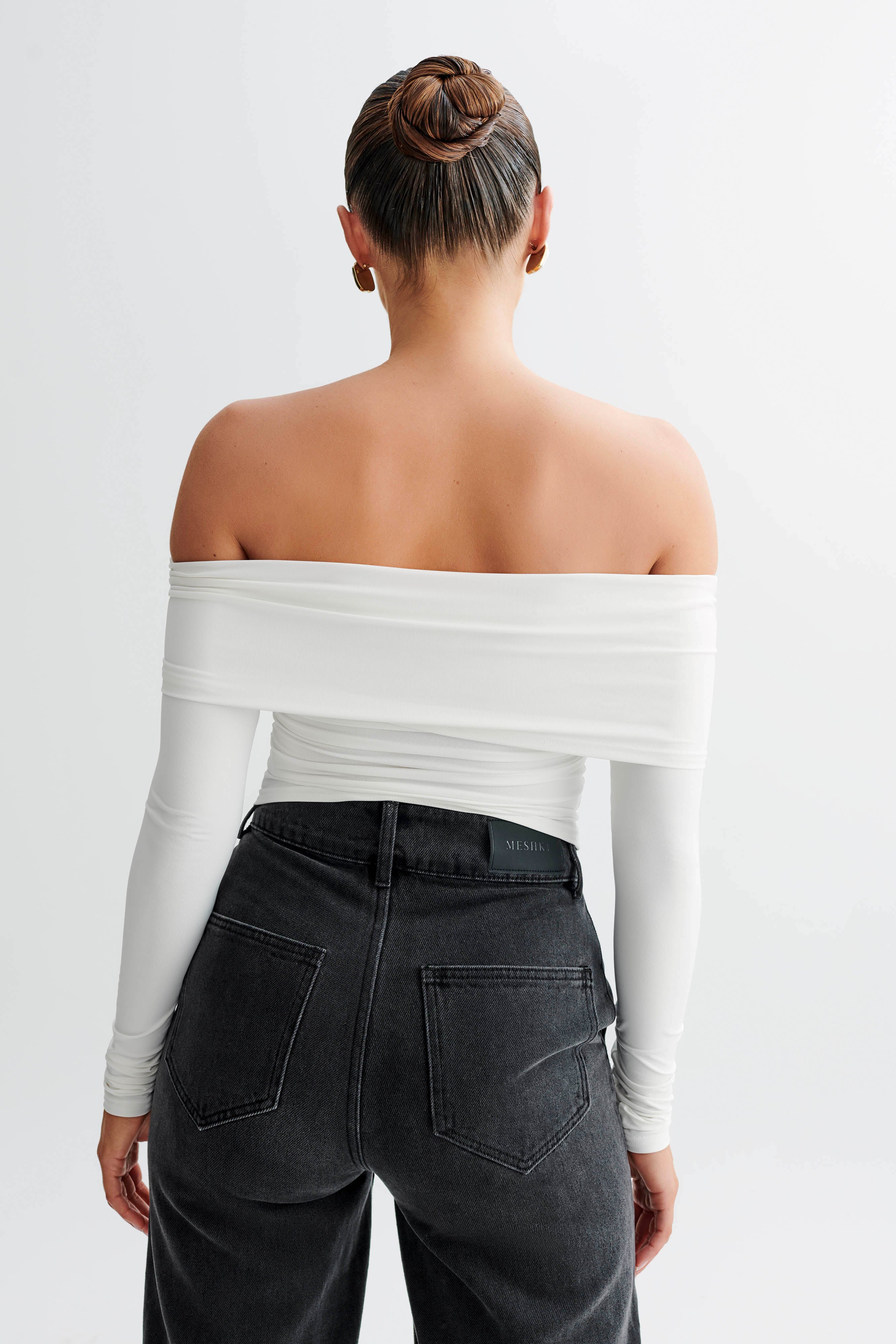 Prue Ruched Off Shoulder Long Sleeve Top - White、mySite、solidvoid