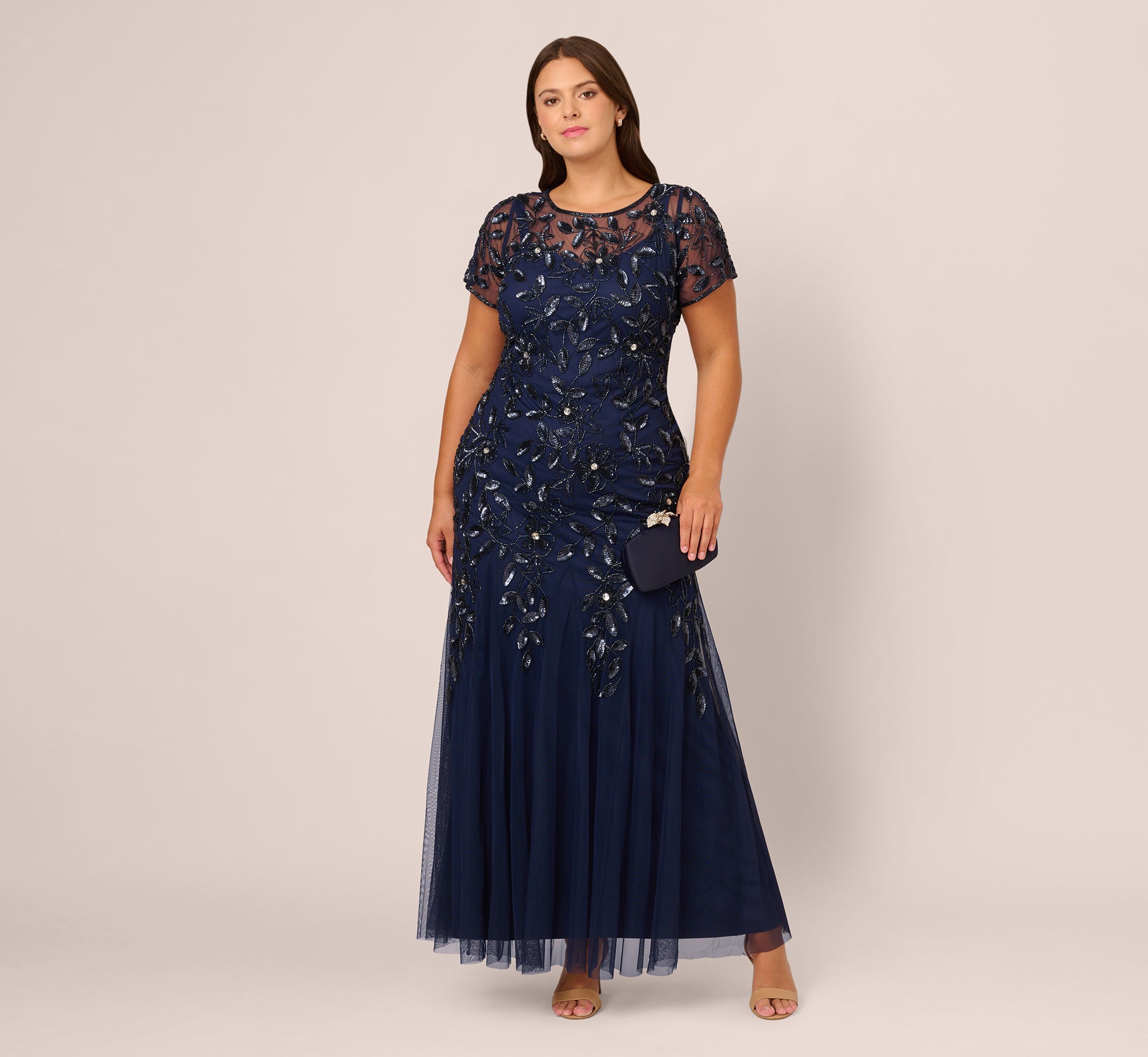 Plus Size Hand Beaded Short Sleeve Floral Godet Gown In Light Navy、mySite、solidvoid