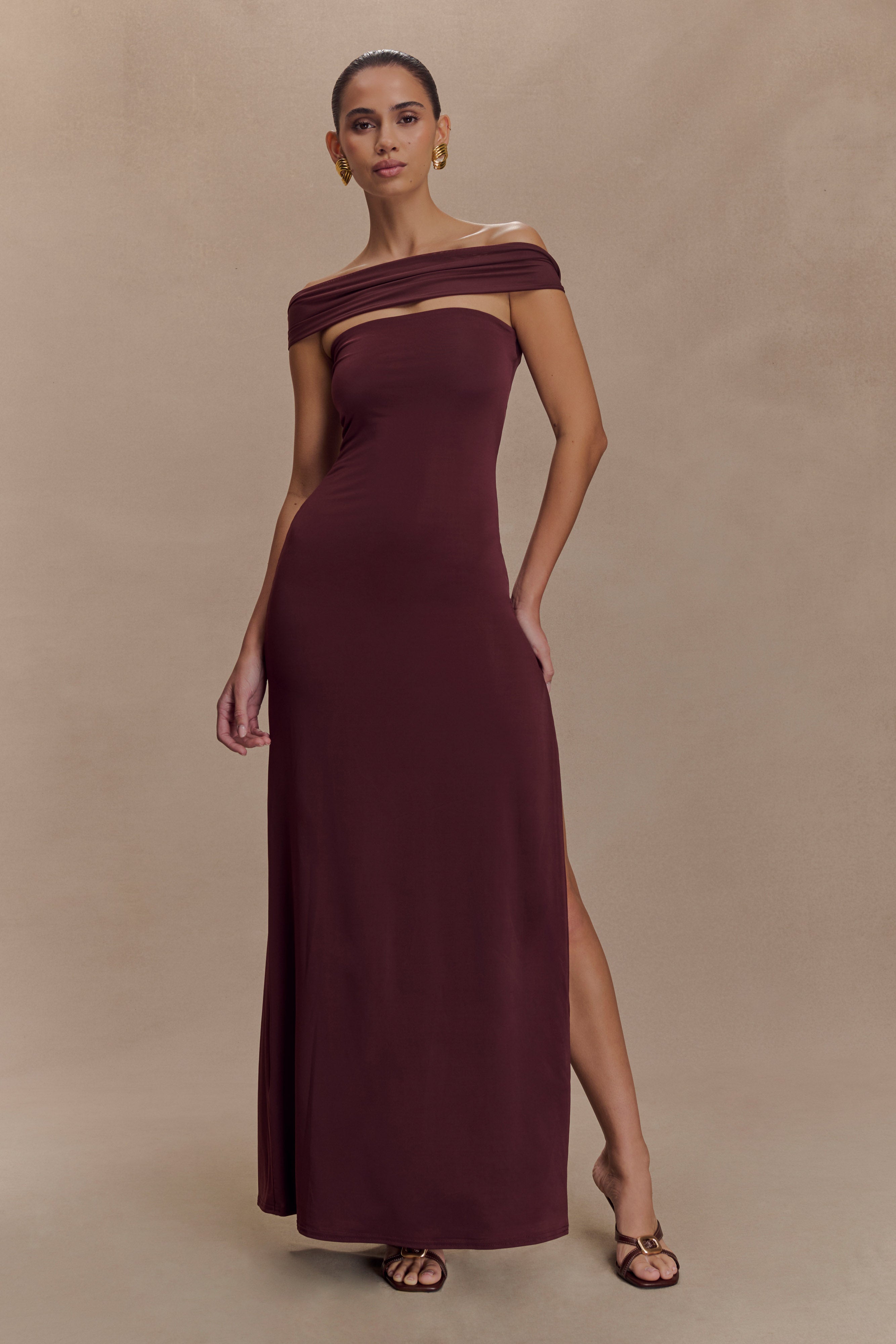 Aurora Slinky And Mesh Split Maxi Dress - Mahogany、mySite、solidvoid