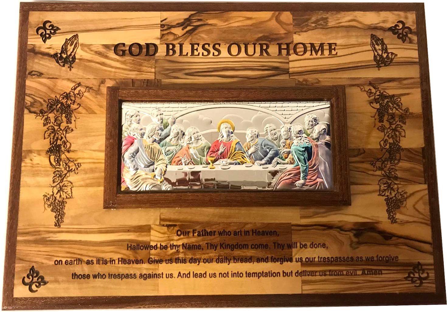 Holy Land Market Last Supper Olive Wood and Mahogany Framed Silver Plaque with Lord Prayer (13 x 9.5 inches)、mySite、topwebapps