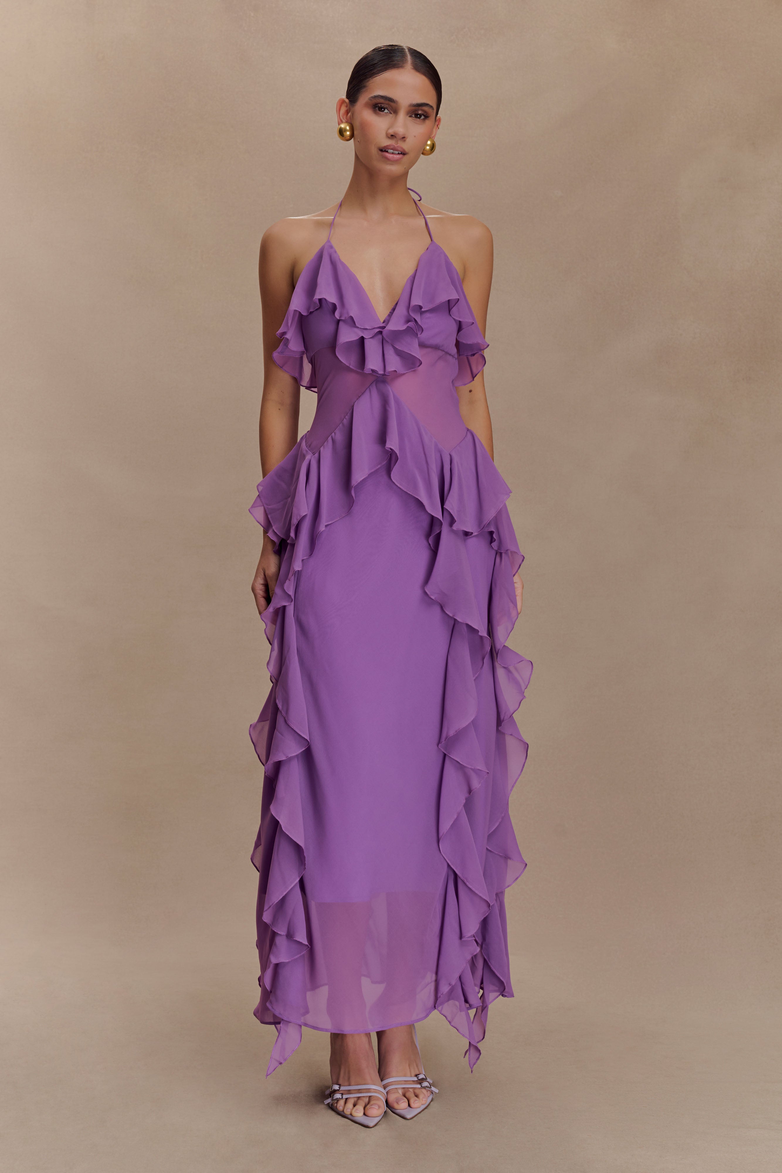 Aleyna Chiffon Ruffle Midi Dress - Purple、mySite、solidvoid