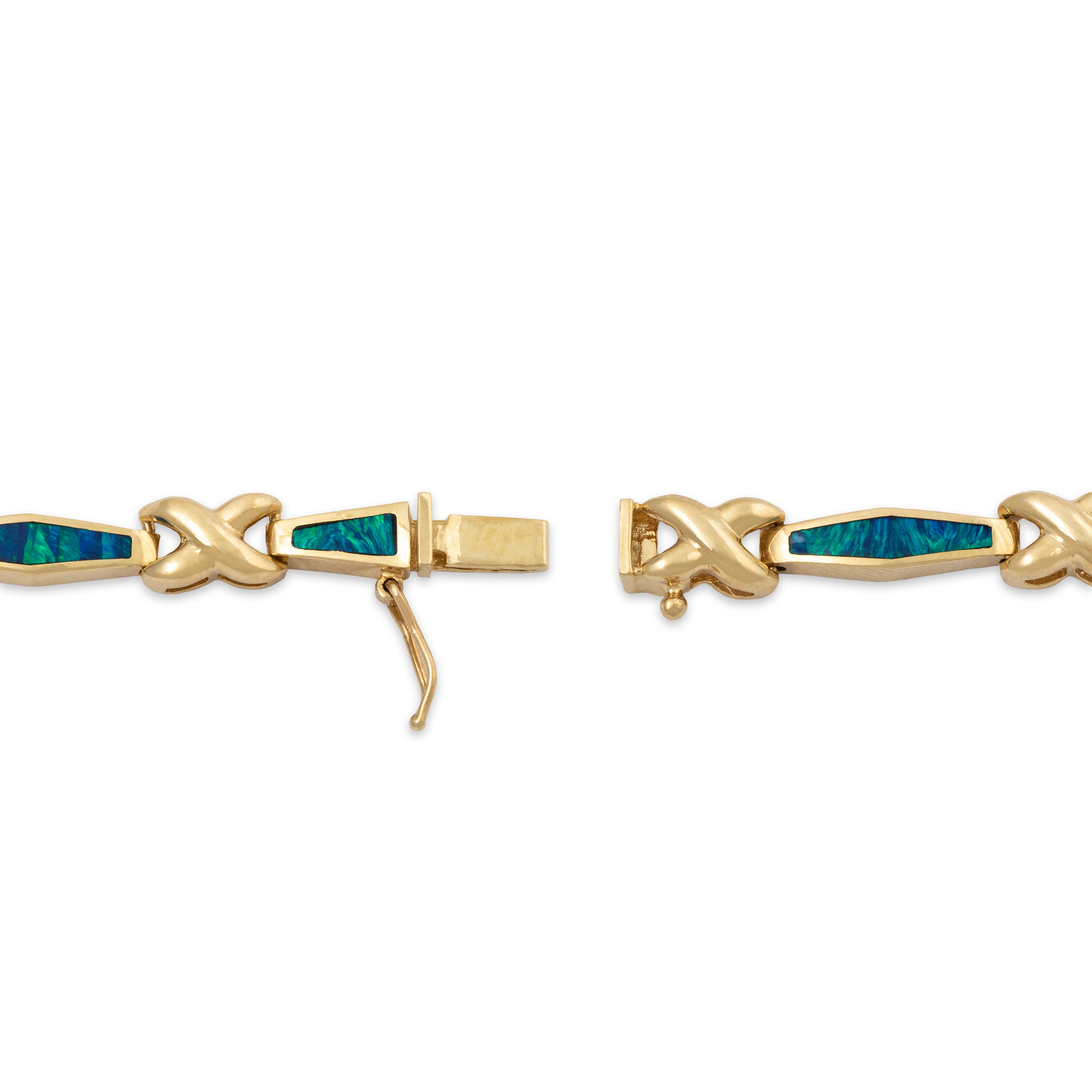 Vintage 14k Yellow Gold Blue Simulation Opal Criss-Cross Link Bracelet 7、mySite、hinf8tx79