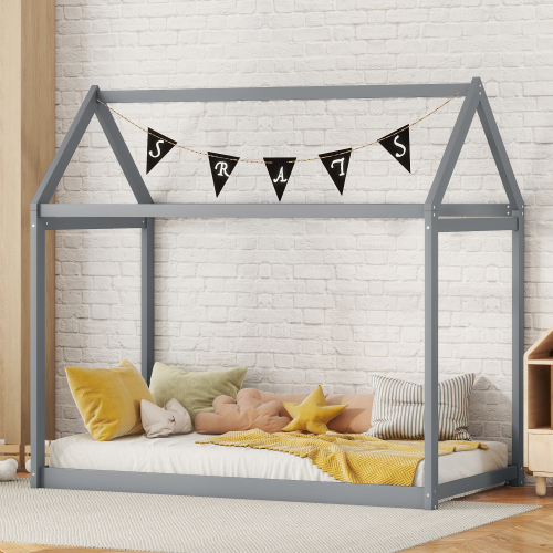 Twin Size Wooden House Bed, White、、casual