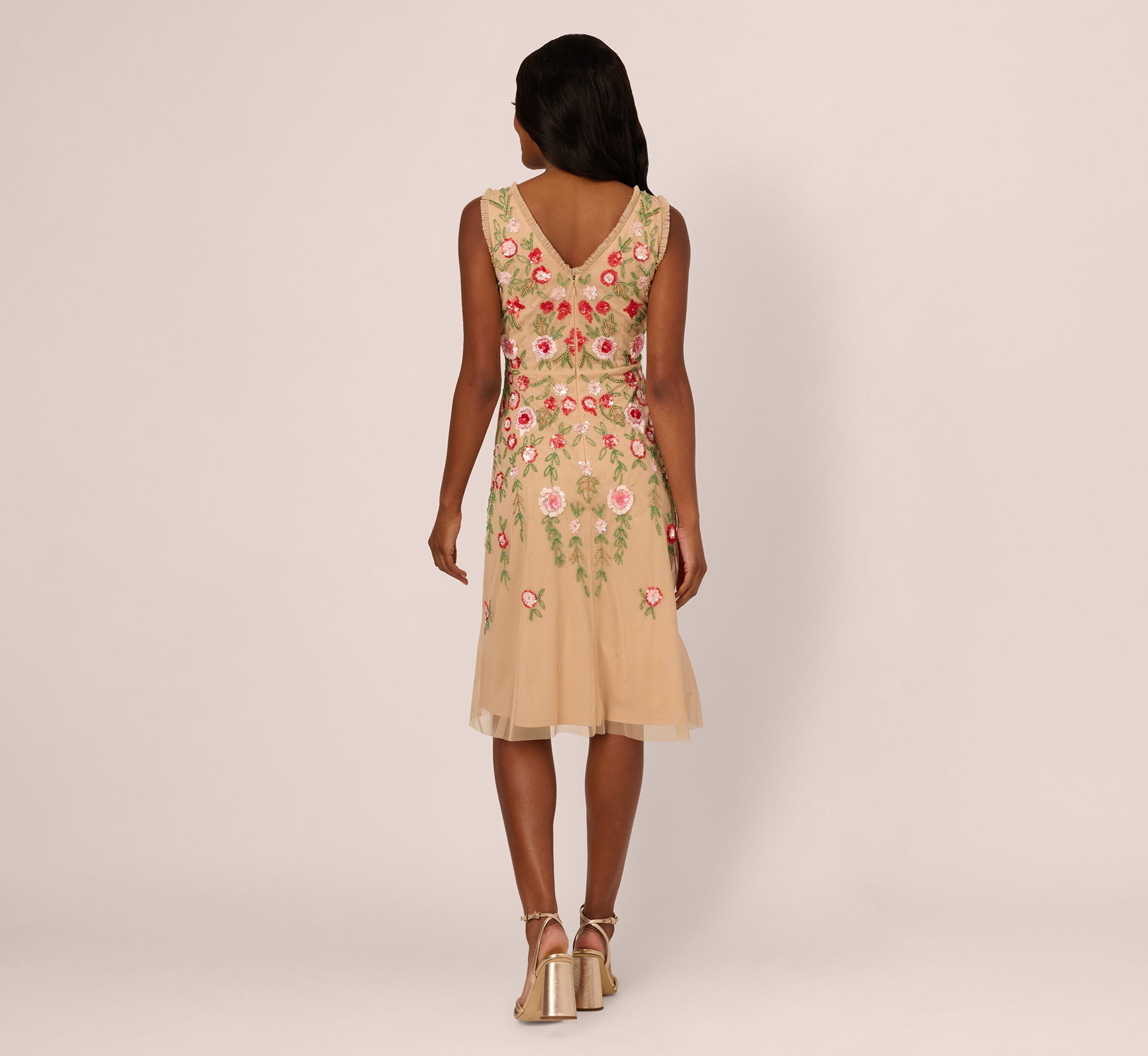 Sleeveless Fringe Trim Floral Bead Midi Dress In Nude Multi、mySite、solidvoid
