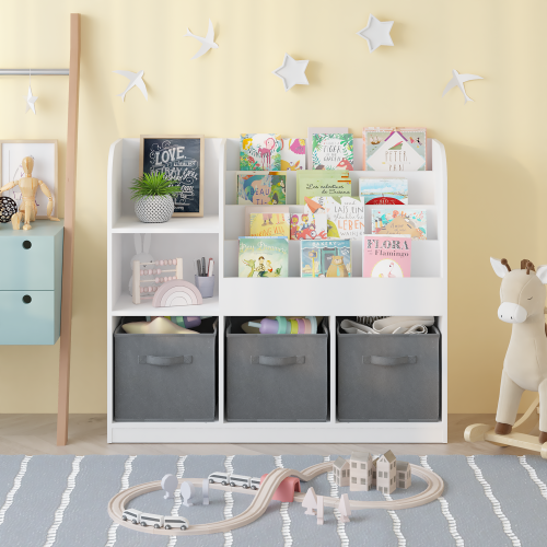 Kids Bookshelf and Toy Storage Organizer, Multifunctional 4 Tier Wooden Kids Book Shelf with Bookcase Display Stand in Kids Room Playroom Nursery for Kids, Children, Toddlers (White)、、casual