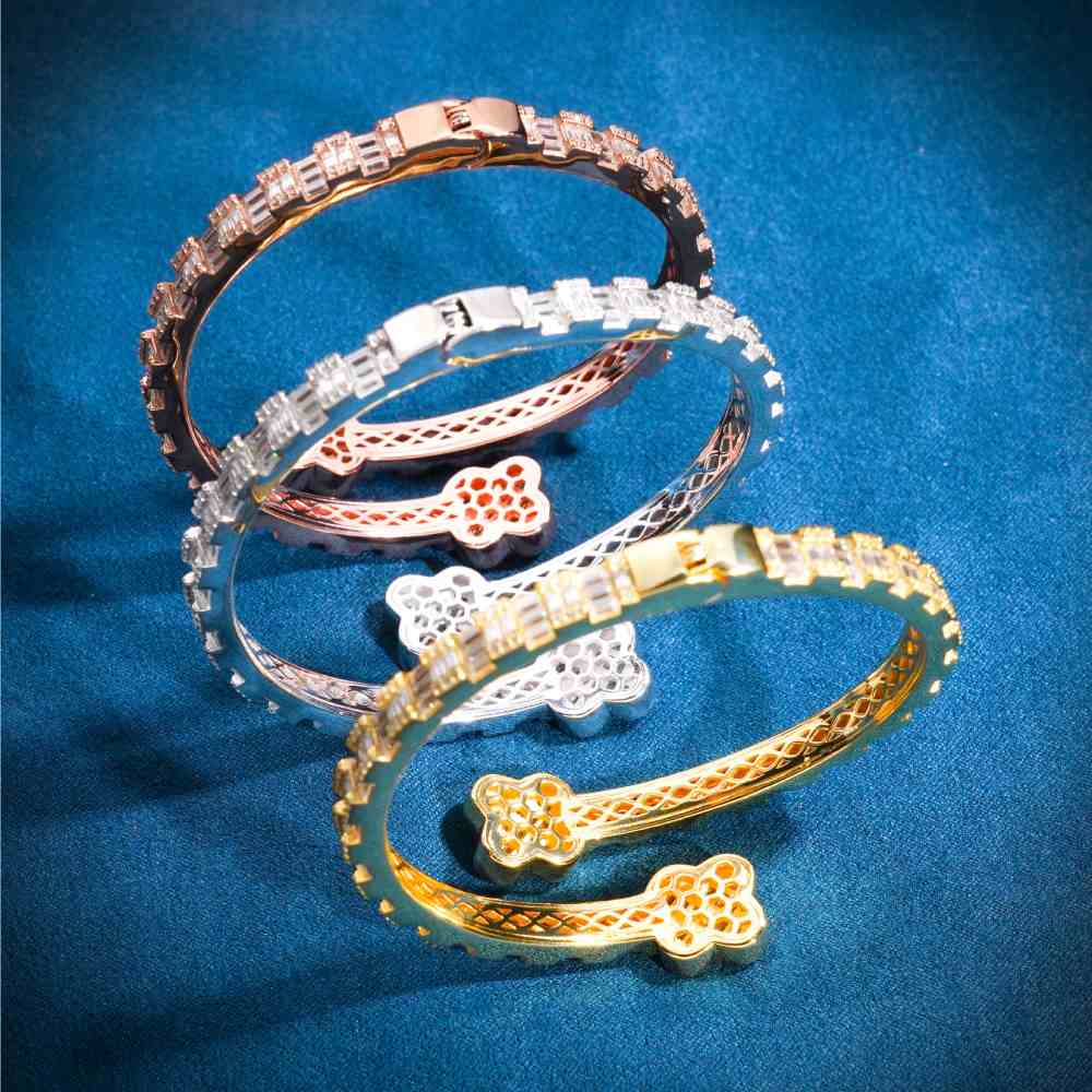 Floral Baguette Moissanite Bangle Bracelet 14K Gold、mySite、hinf8tx79