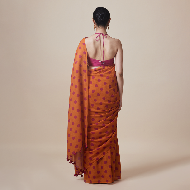 Linen Solid Saree with Blouse | Polka Dots | Orange、mySite、camillekostekn