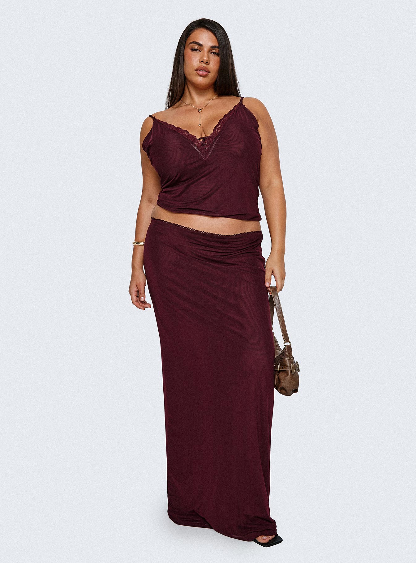 Reiko Lace Trim Tie Front Maxi Set Burgundy Curve、mySite、solidvoid