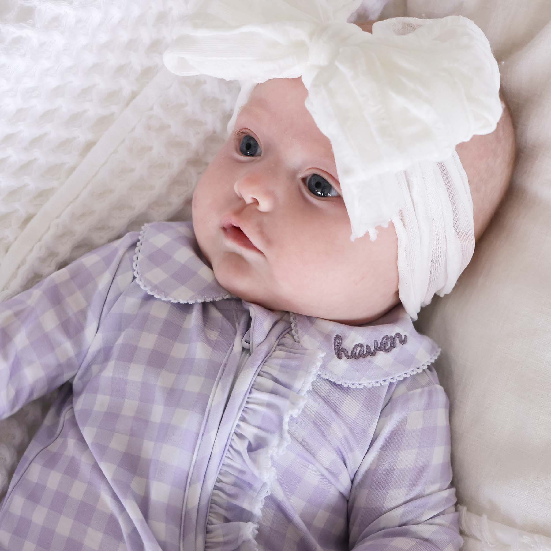  Peter Pan Collar Ruffle Zipper Footie | Lilac Gingham、mySite、layawaytickets