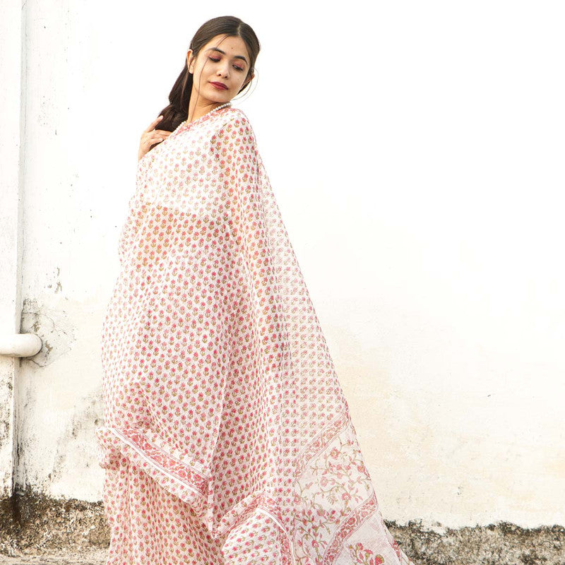 Festive Wear | Handblock Printed Kota Doria Saree | White & Red、mySite、camillekostekn