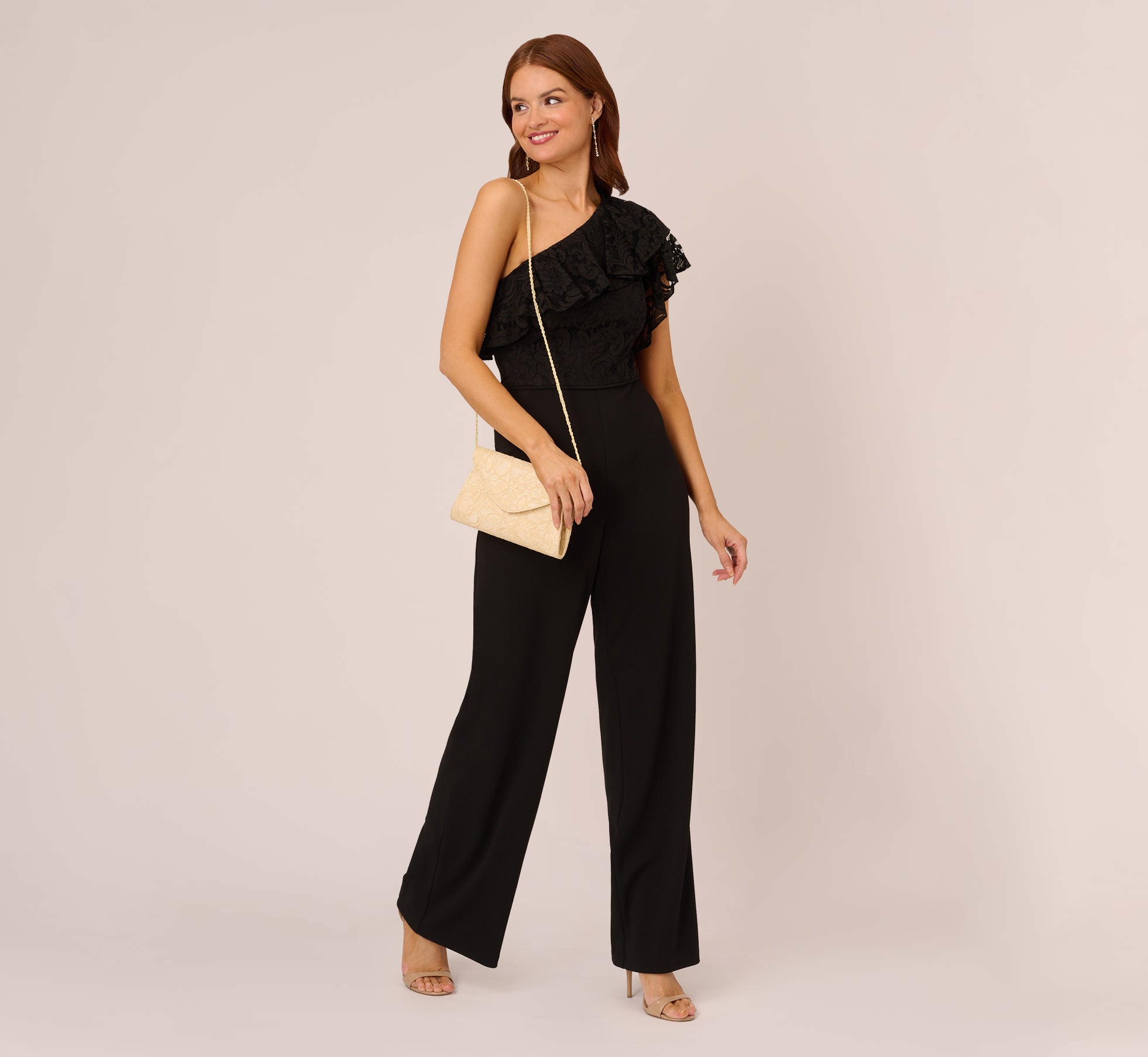One Shoulder Crepe Jumpsuit With Lace Ruffle Details In Black、mySite、solidvoid