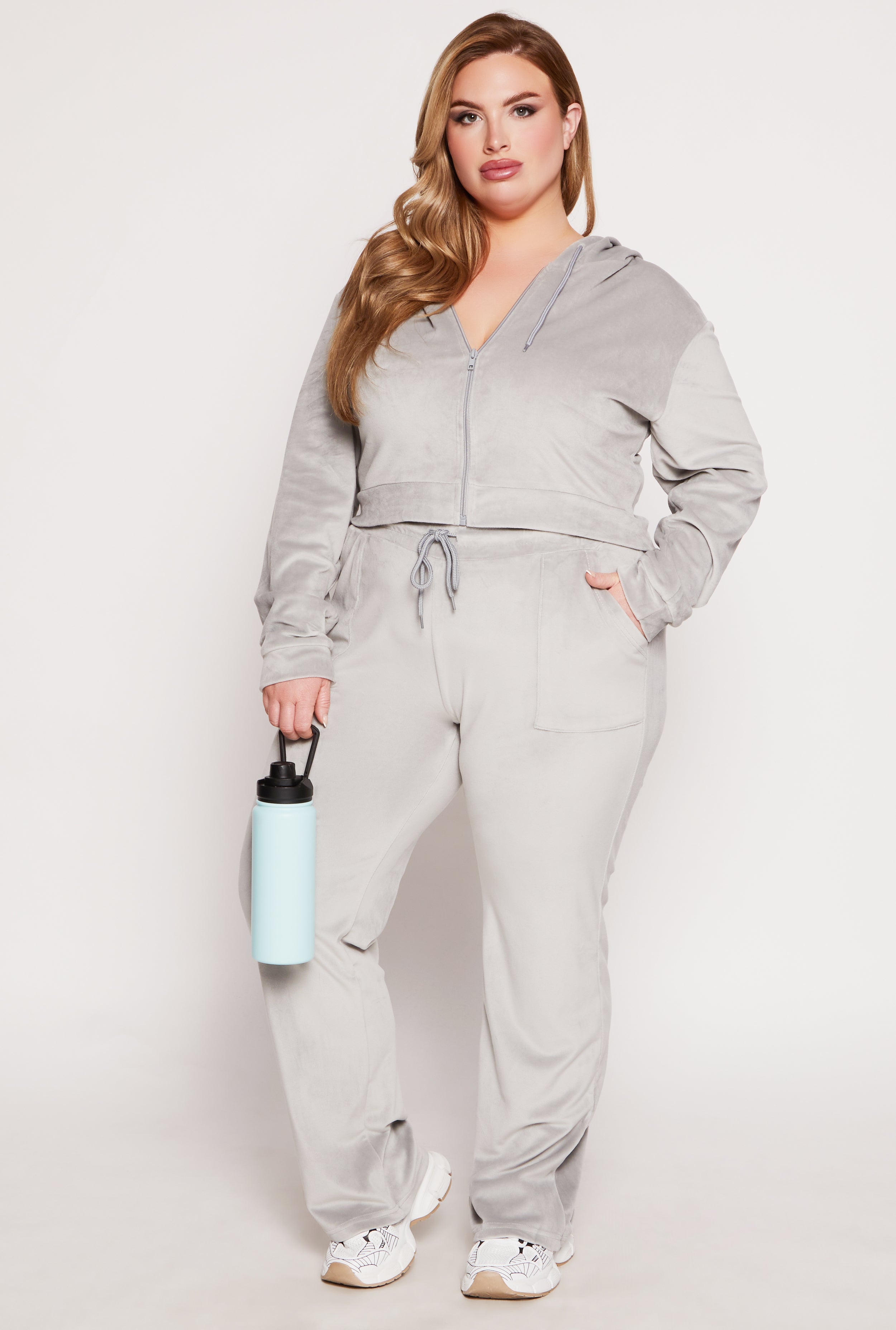 Plus Size Velour Zip Front Hooded Crop Top、mySite、camillekostekn