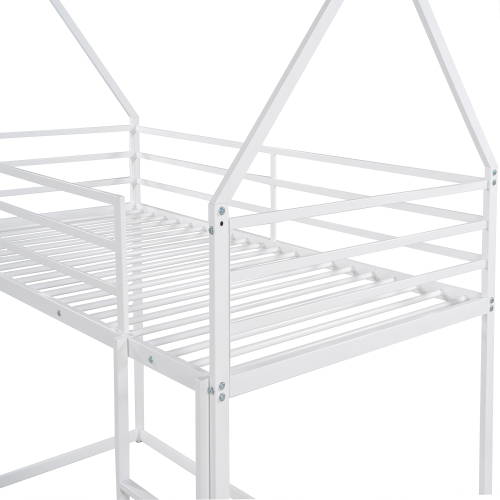 Twin over Twin House Bunk Bed with Ladder and Slide,White、、casual