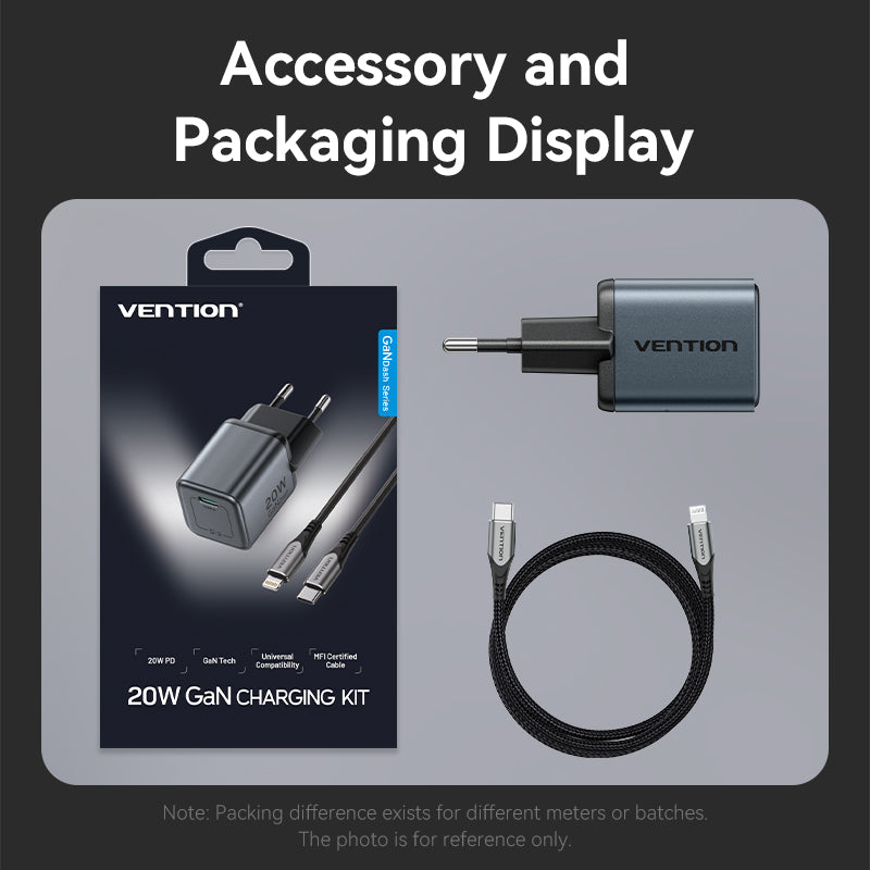 Vention 1-Port USB-C GaN Charger (20W) Gray with USB-C to Lightning Cable (1M) Black EU-Plug、mySite、fannypackpong