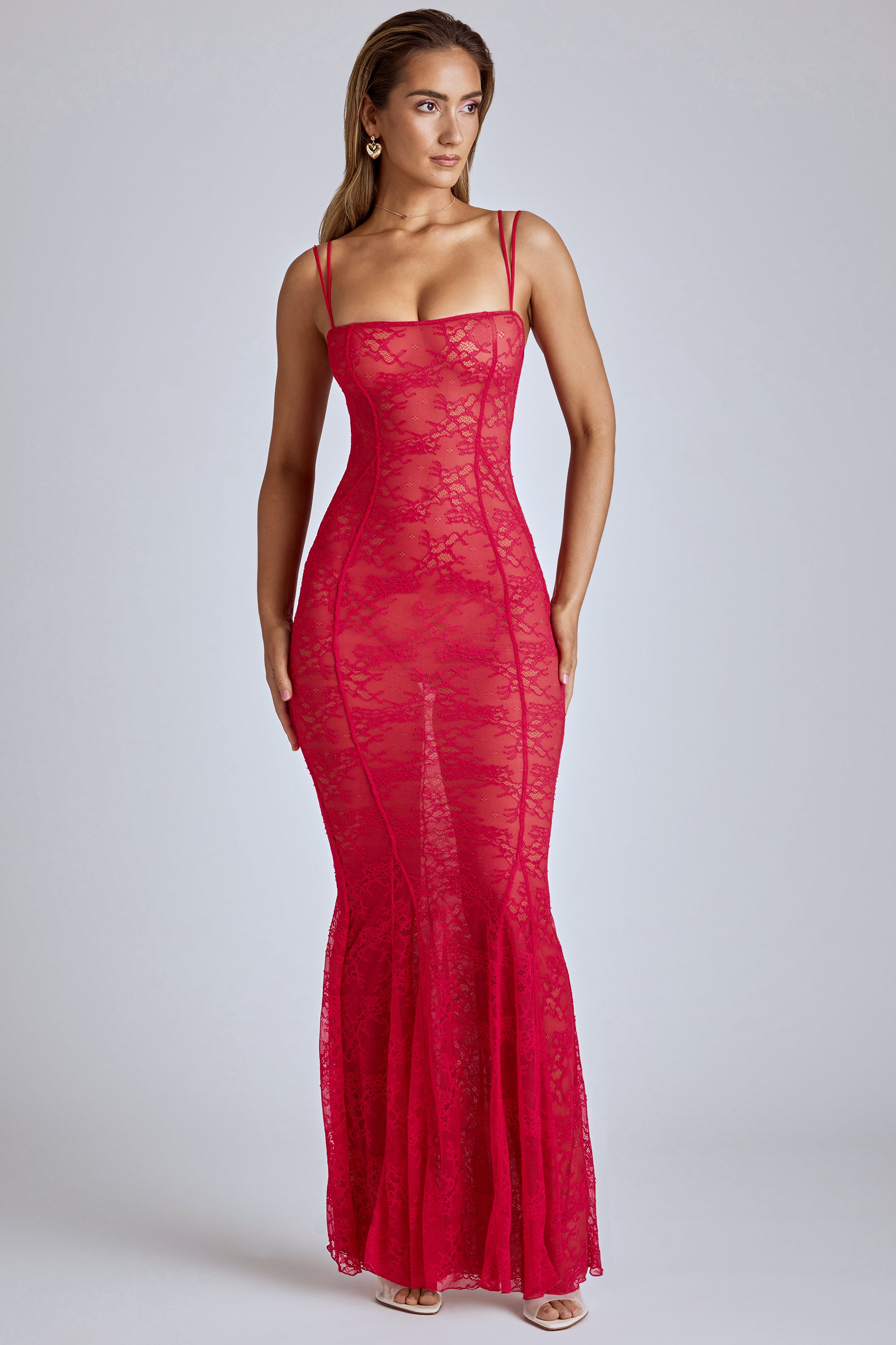 Sheer Lace Fishtail Gown in Cherry Red、mySite、solidvoid