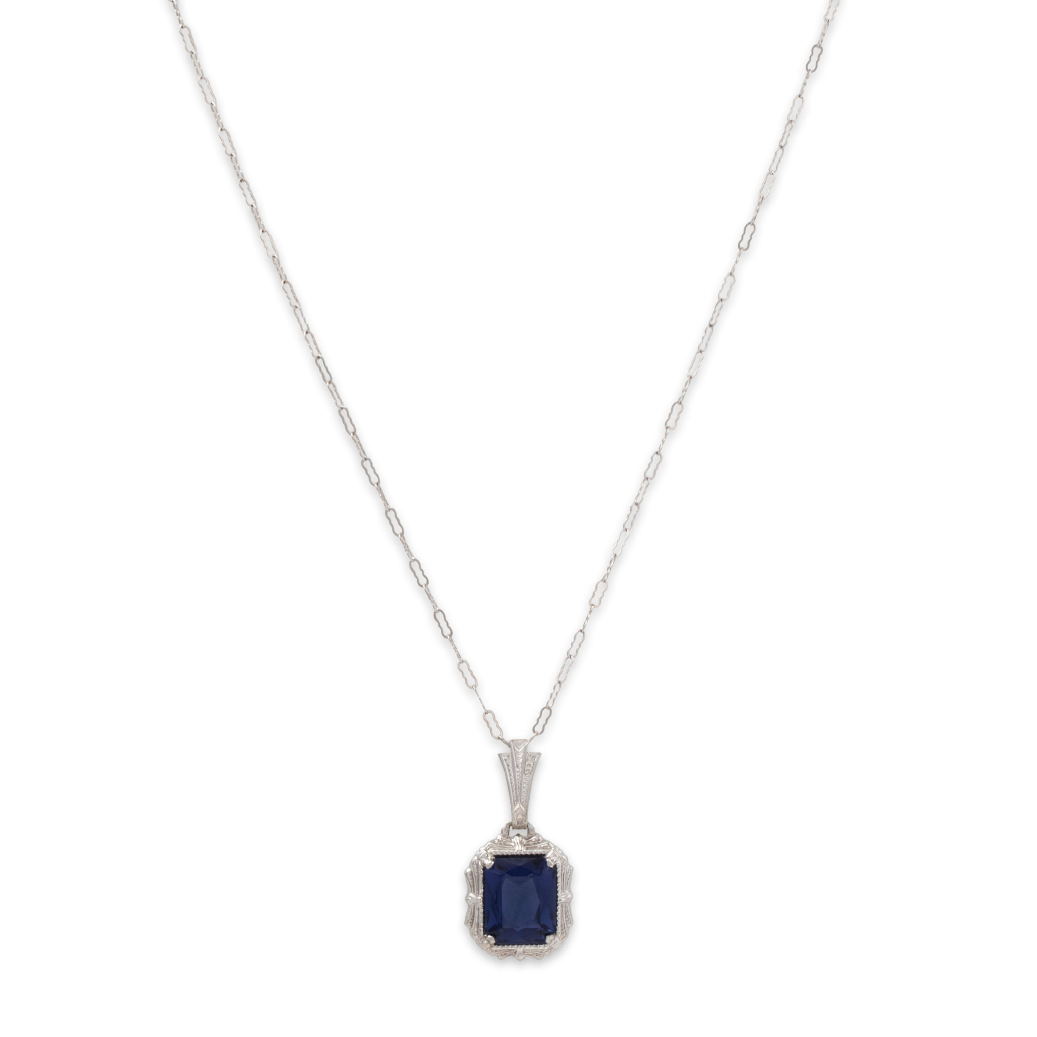 Antique Art Deco 10k White Gold Blue Glass Architectural Necklace 15、mySite、hinf8tx79