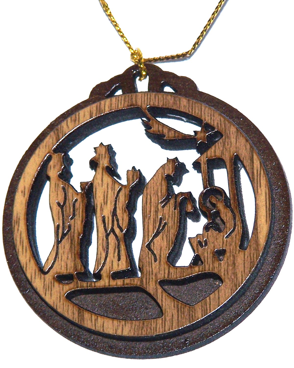 Holy Land Market Two Layers Mahogany with Olive Wood Magi offering Gifts to The New Born Messiah Ornament Gift Carved by Laser - Olive Wood (6.5 cm or 2.6 inch with Certificate) and Gold String、mySite、topwebapps