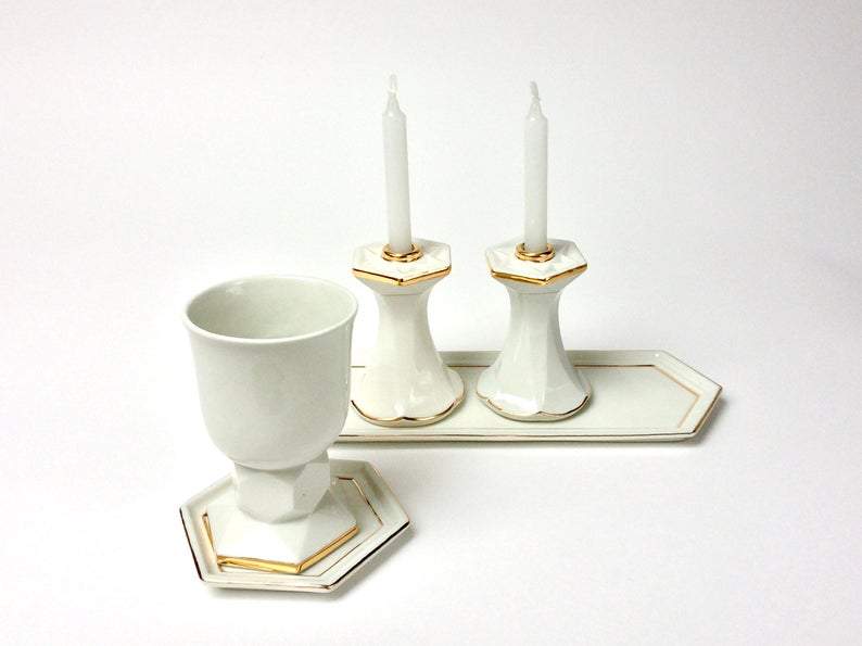 Modern White and Gold Porcelain Shabbat Set - Kiddush Cup and Candlesticks、mySite、topwebapps