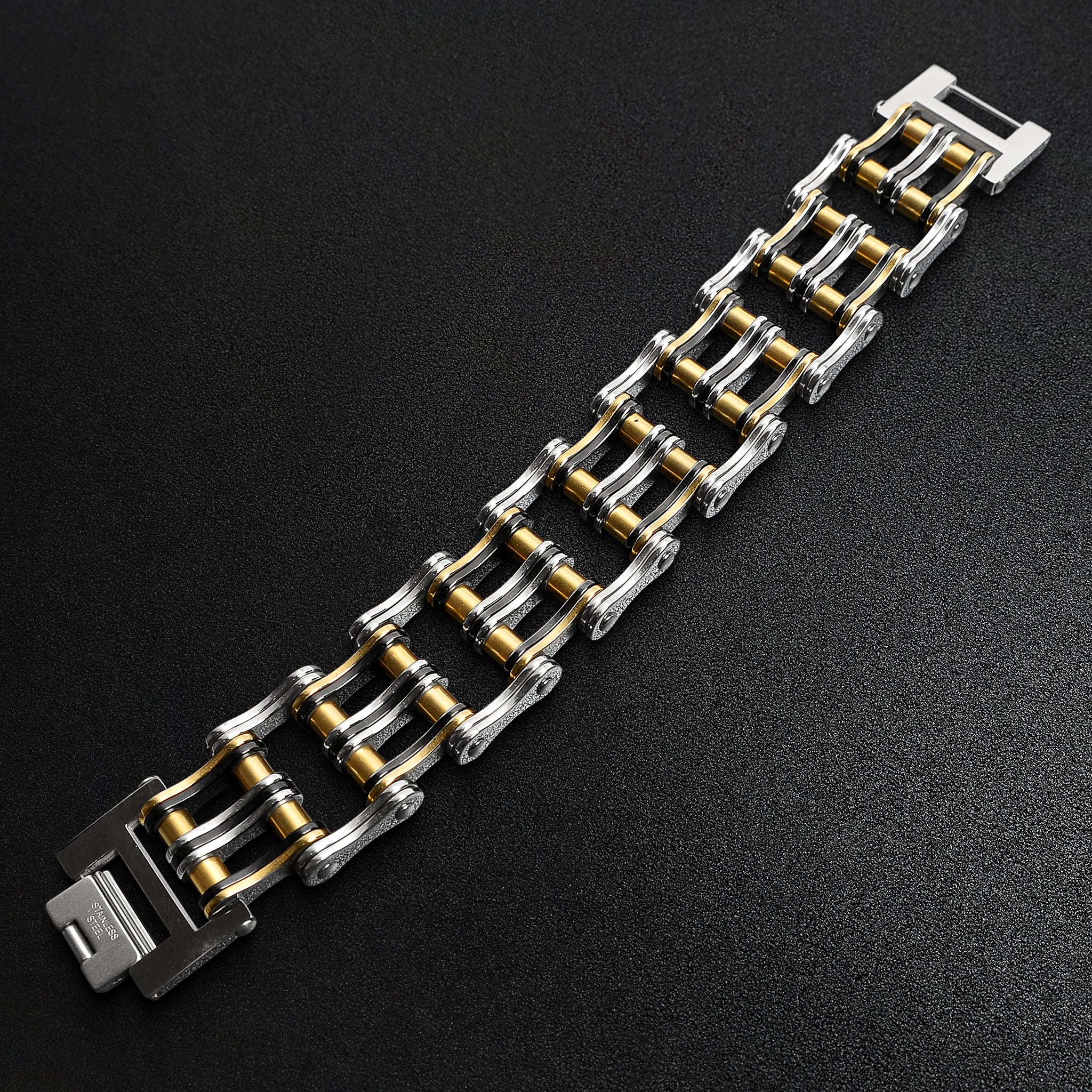 Stainless Steel Black And 18K Gold PVD Coated Double Bike Chain Bracelet / WCB1007、mySite、dreamappss