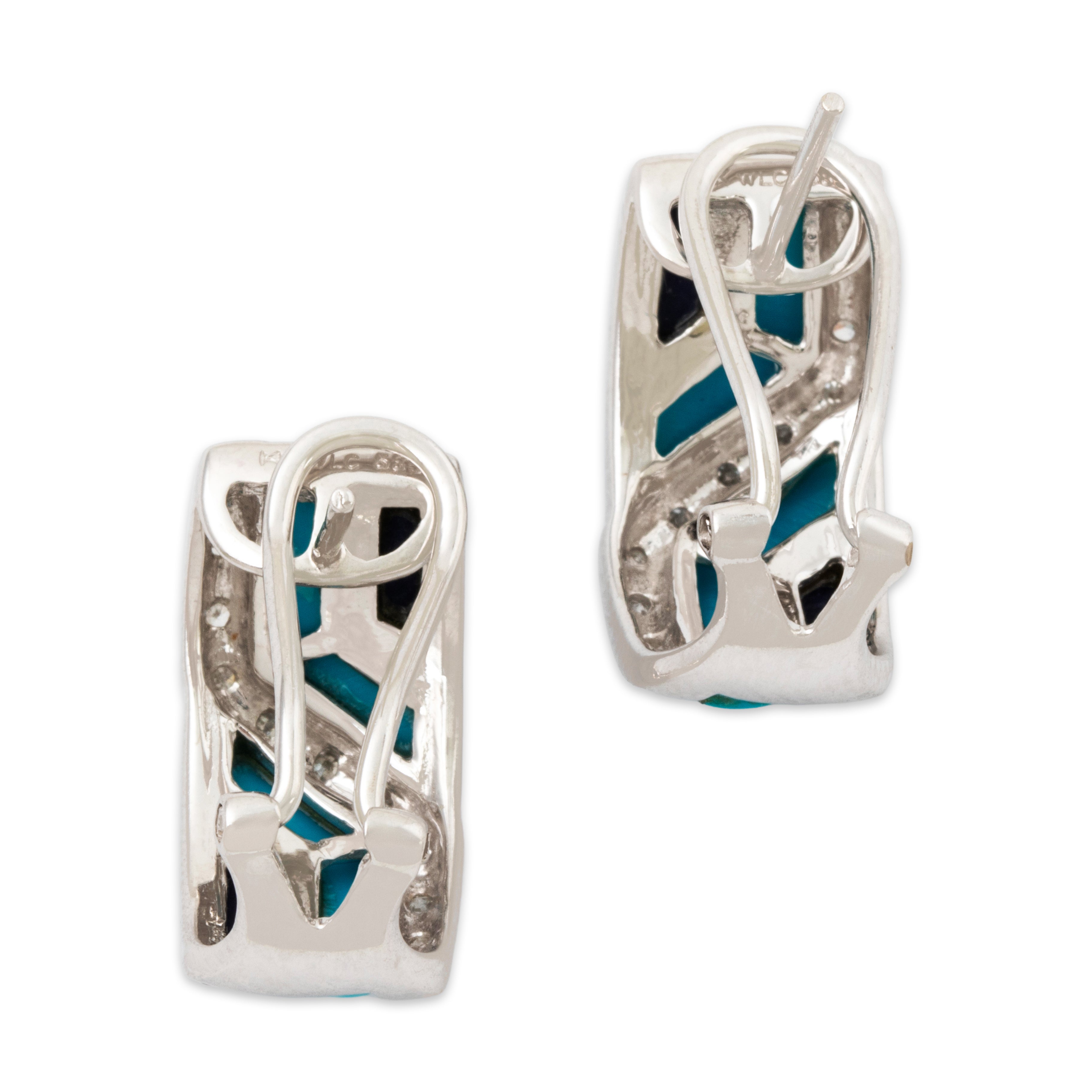 Vintage 14k White Gold Turquoise Lapis Lazuli .264cttw Diamond Inlay Earrings、mySite、hinf8tx79