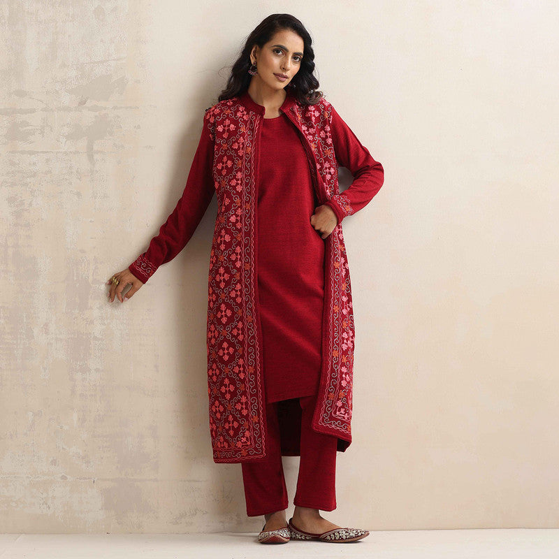 Woolen Kurta Set For Women | Kurta, Pyjama & Jacket | Embroidered | Maroon、mySite、camillekostekn
