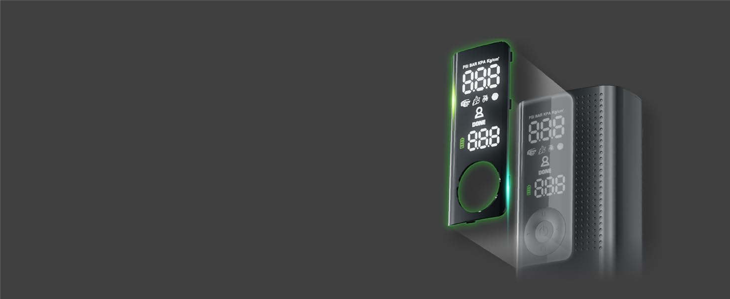 Automoto tire inflator with digital display connected to car tire during inflation