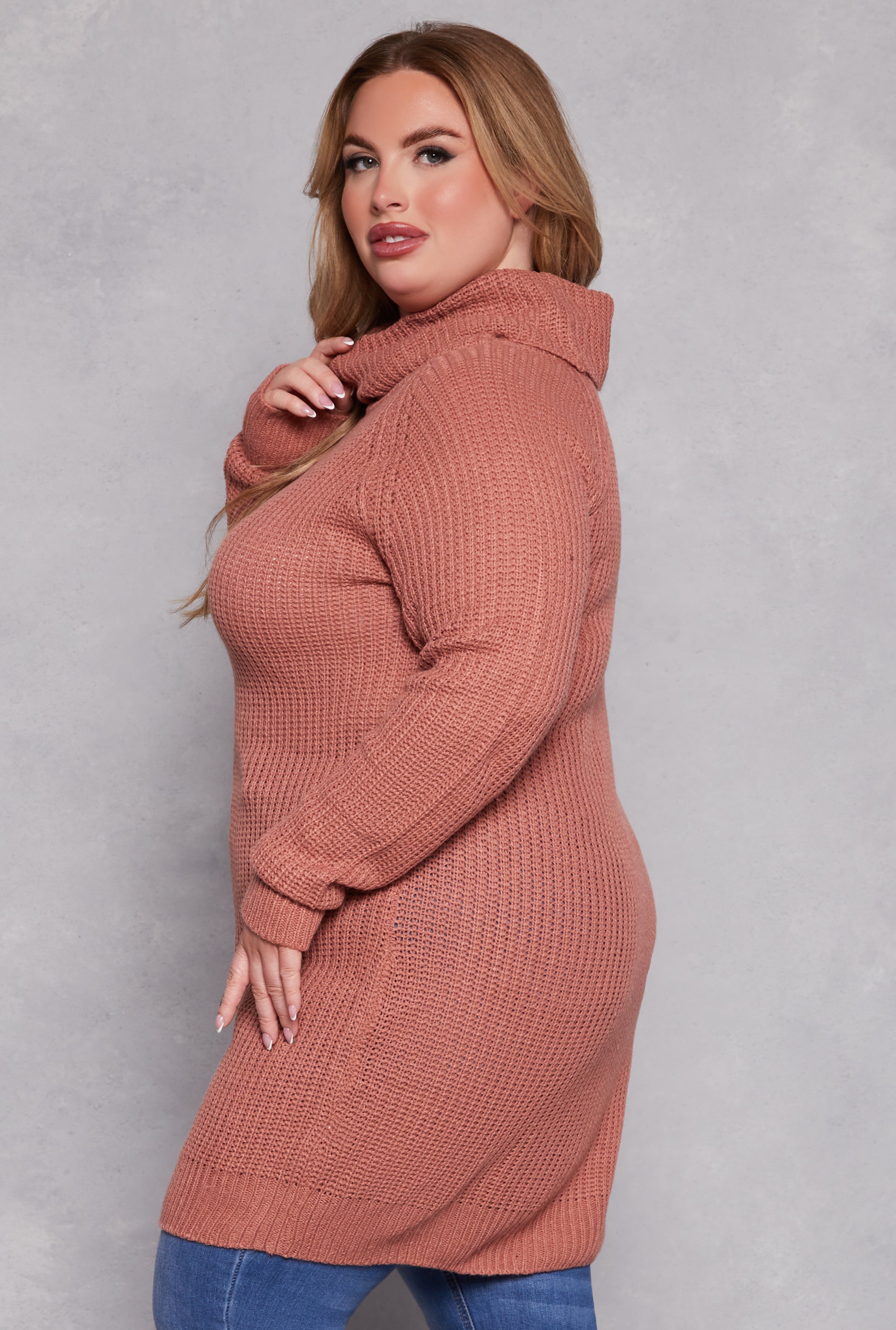 Plus Size Turtle Neck Tunic Sweater、mySite、camillekostekn