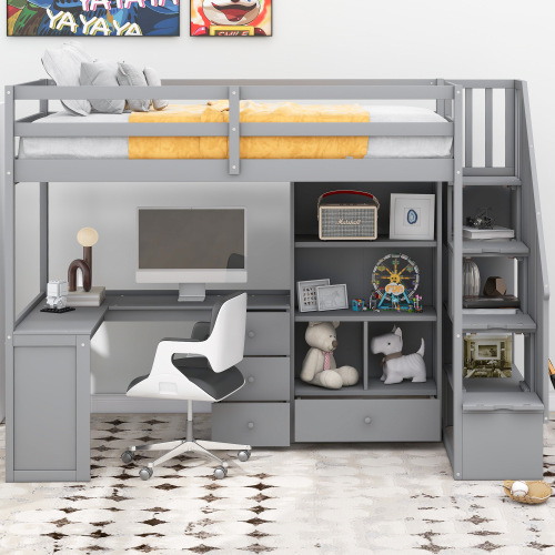 Twin Size Loft Bed with L-Shaped Desk and Drawers, Cabinet and Storage Staircase, White、、casual