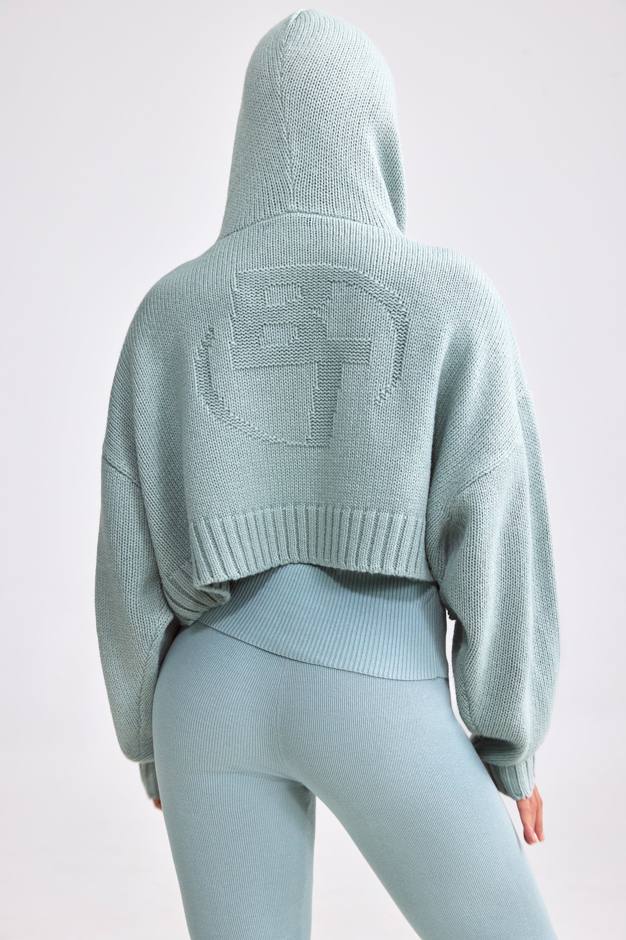 Cropped Zip-Up Chunky Knit Hoodie in Dusty Teal、mySite、solidvoid