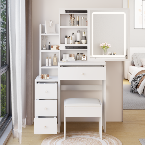 29.2" Small Size Left Bedside Cabinet Vanity Table + Cushioned Stool, Large Sliding, Touch Control, Tri-color Switching, Brightness Adjust LED Mirror, High Capacity Storage, Suitable for Small Space、、xpatfood