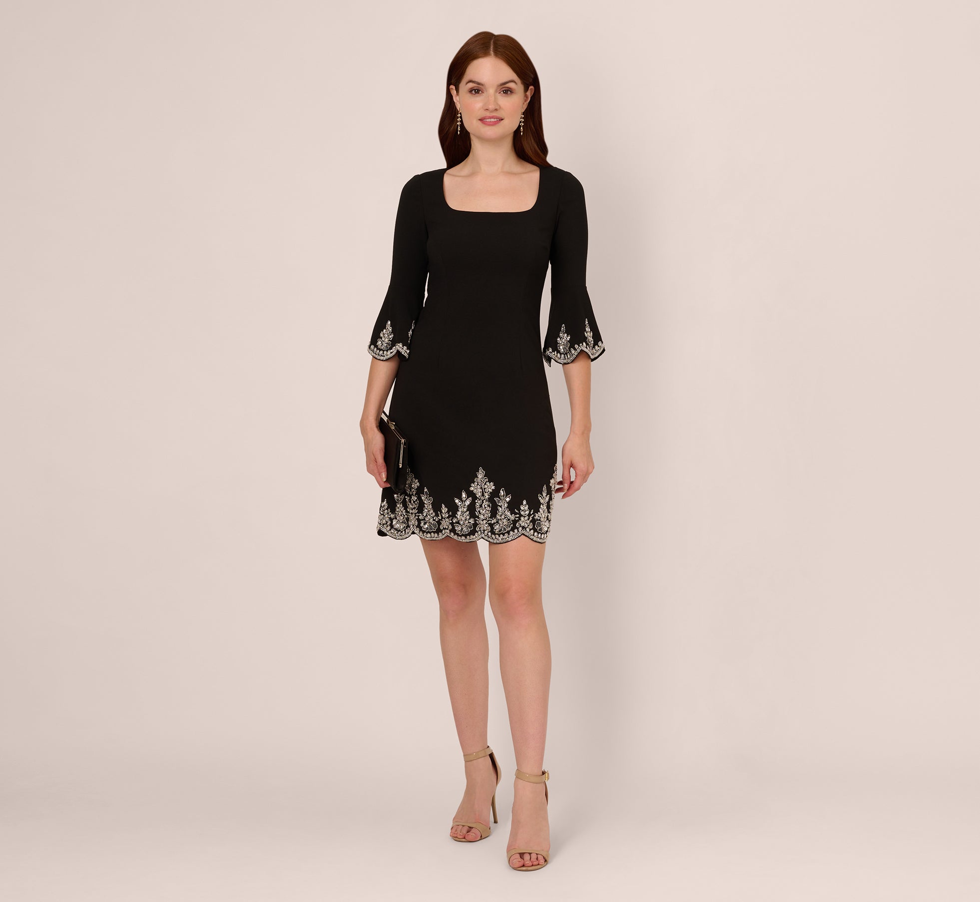 Beaded Three Quarter Sleeve Crepe Dress With Scallop Edges In Black、mySite、solidvoid
