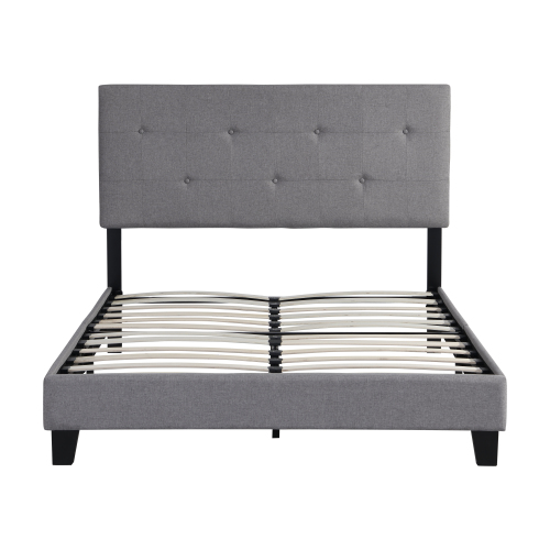 King Size Upholstered Platform Bed Frame with Button Tufted Linen Fabric Headboard, No Box Spring Needed, Wood Slat Support, Easy Assembly, Gray、、casual