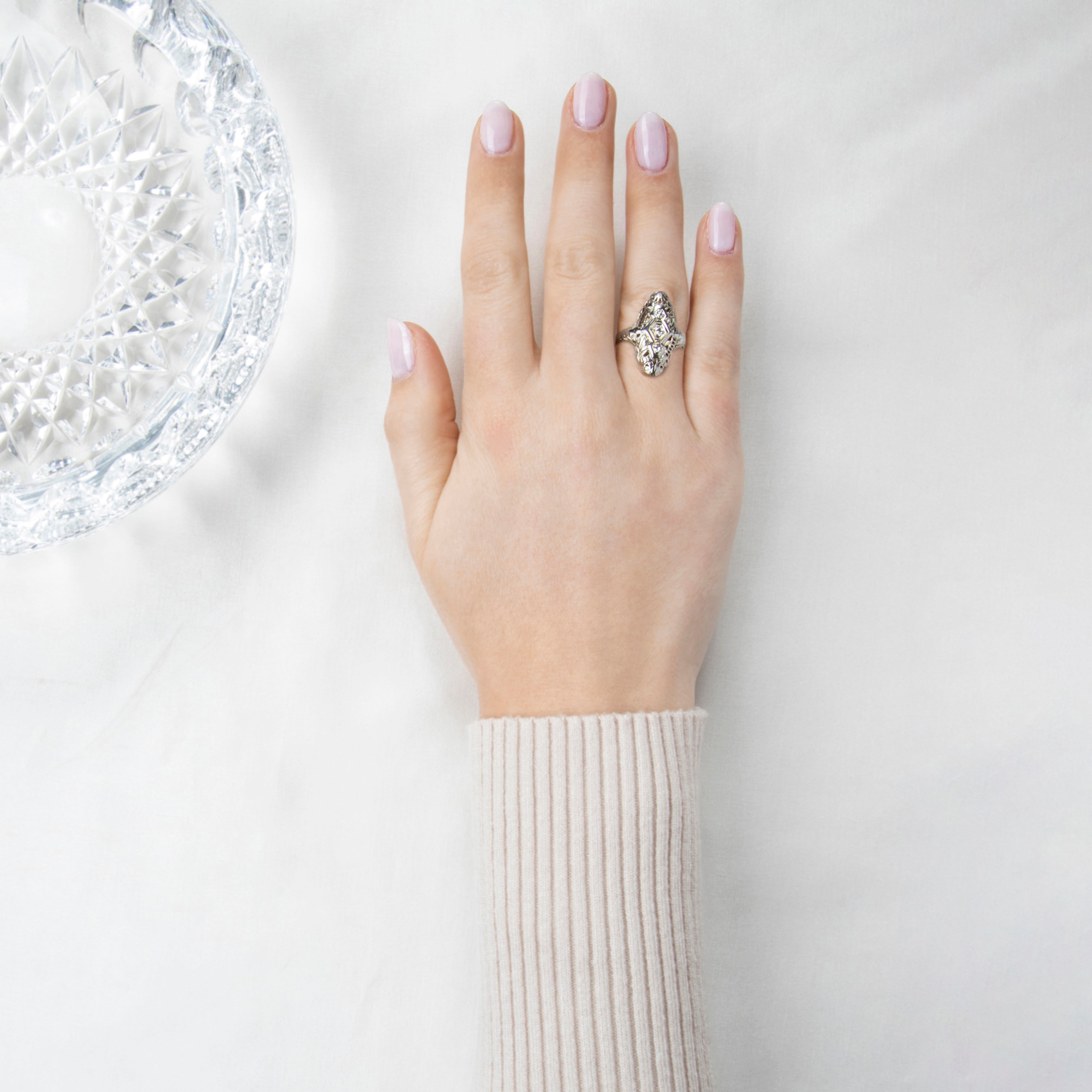 Antique Art Deco 18k White Gold Diamond Mixed Filigree Design Ring 3.75、mySite、hinf8tx79