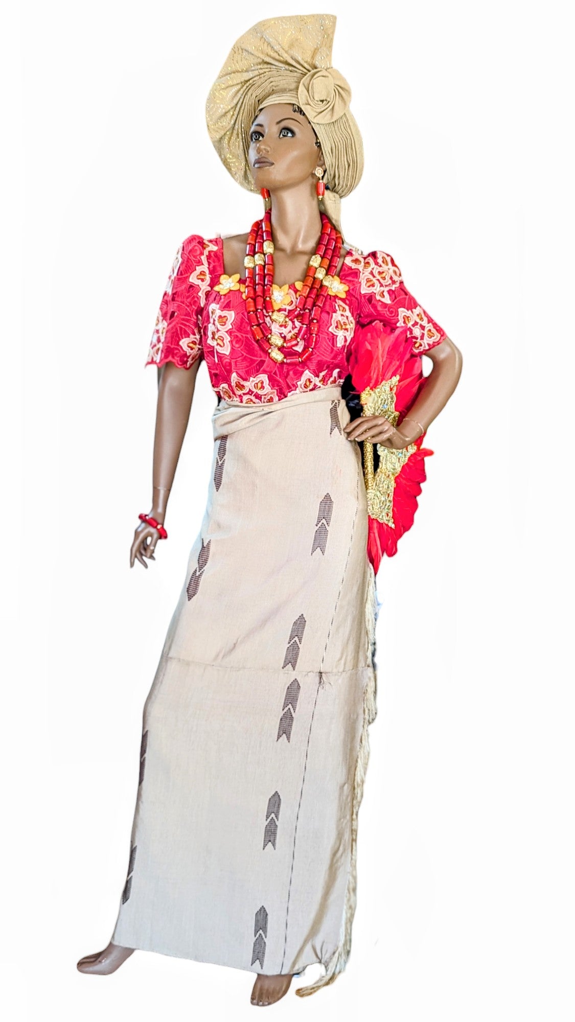 Dupsie's Igbiruba Fusion: Red Gold Beige Lace Top with Tan and Brown Aso Oke Iro Wrap Skirt DPIM035TW、mySite、solidvoid