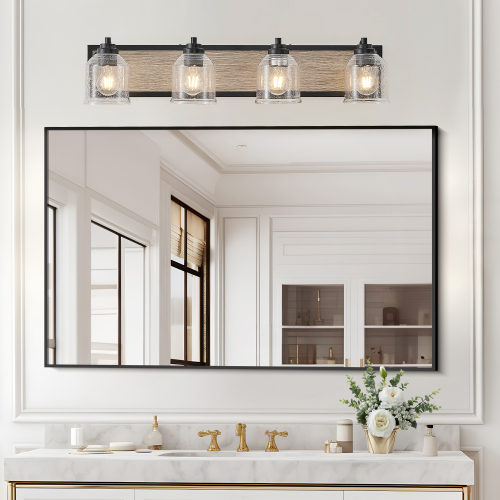 40&quot; Farmhouse Vanity Light Fixture, 5-Light Bathroom Wall Sconce with Clear Seeded Glass Shades, Black and Wood Grain Finish, Modern Industrial Design for Bathroom or Powder Room (No Bulbs)、、eastwooduniform