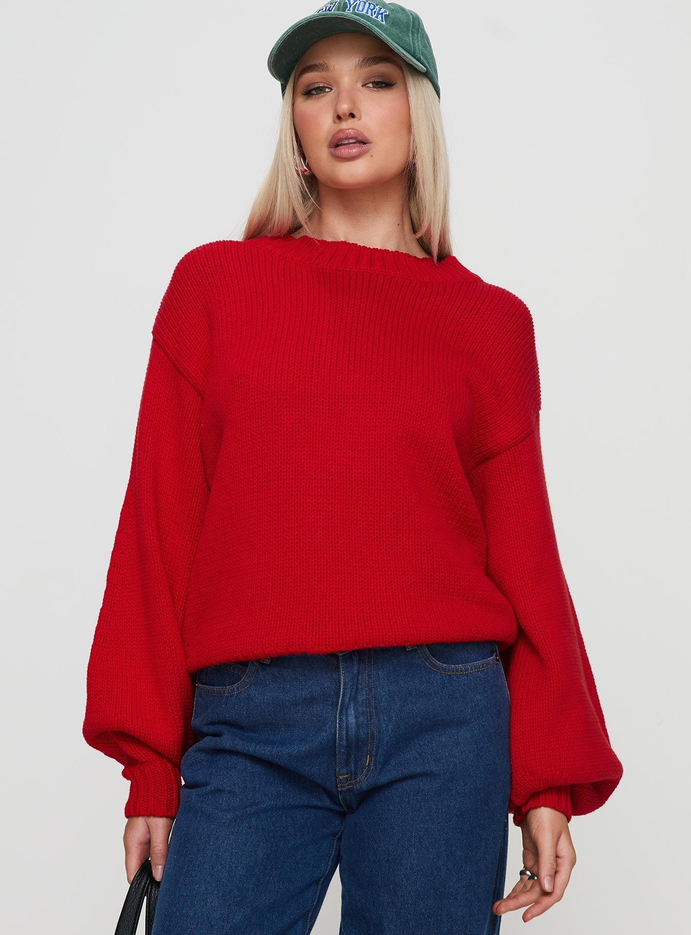 Harmony Balloon Sleeve Knit Sweater Red、mySite、solidvoid