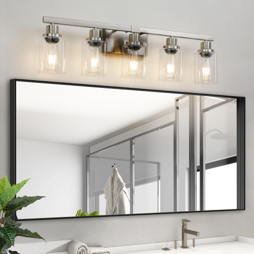 (Same as W1340P197620/L001010-B4) 24" Modern Black 4-Light Bathroom Vanity Light Fixture, Industrial Wall Sconce with Clear Glass Shades for Mirror, Bathroom, Bedroom, and Hallway (No Bulbs)、、eastwooduniform