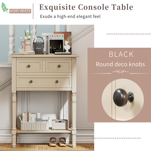 TREXM Narrow Console Table, Slim Sofa Table with Three Storage Drawers and Bottom Shelf (Ivory White)、、casual