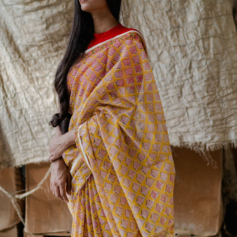 Kota Doria Sarees | Sanganeri Print | Orange、mySite、camillekostekn