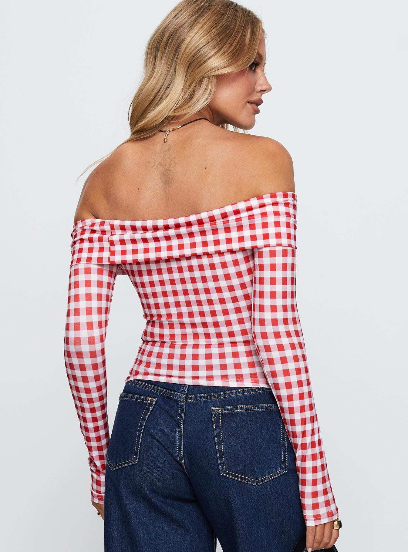 Singular Off The Shoulder Long Sleeve Top Red Check、mySite、solidvoid