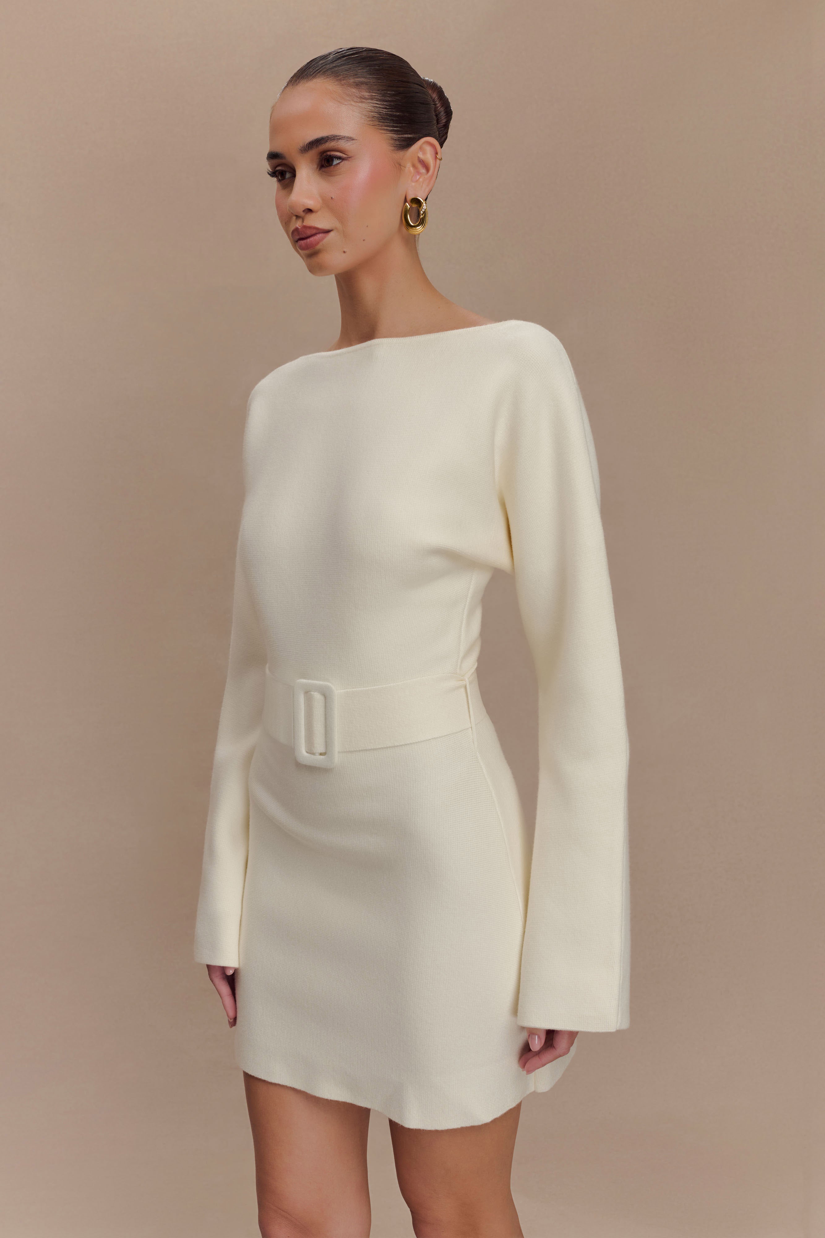 Kassie Belt Tie Knit Mini Dress - Ivory、mySite、solidvoid