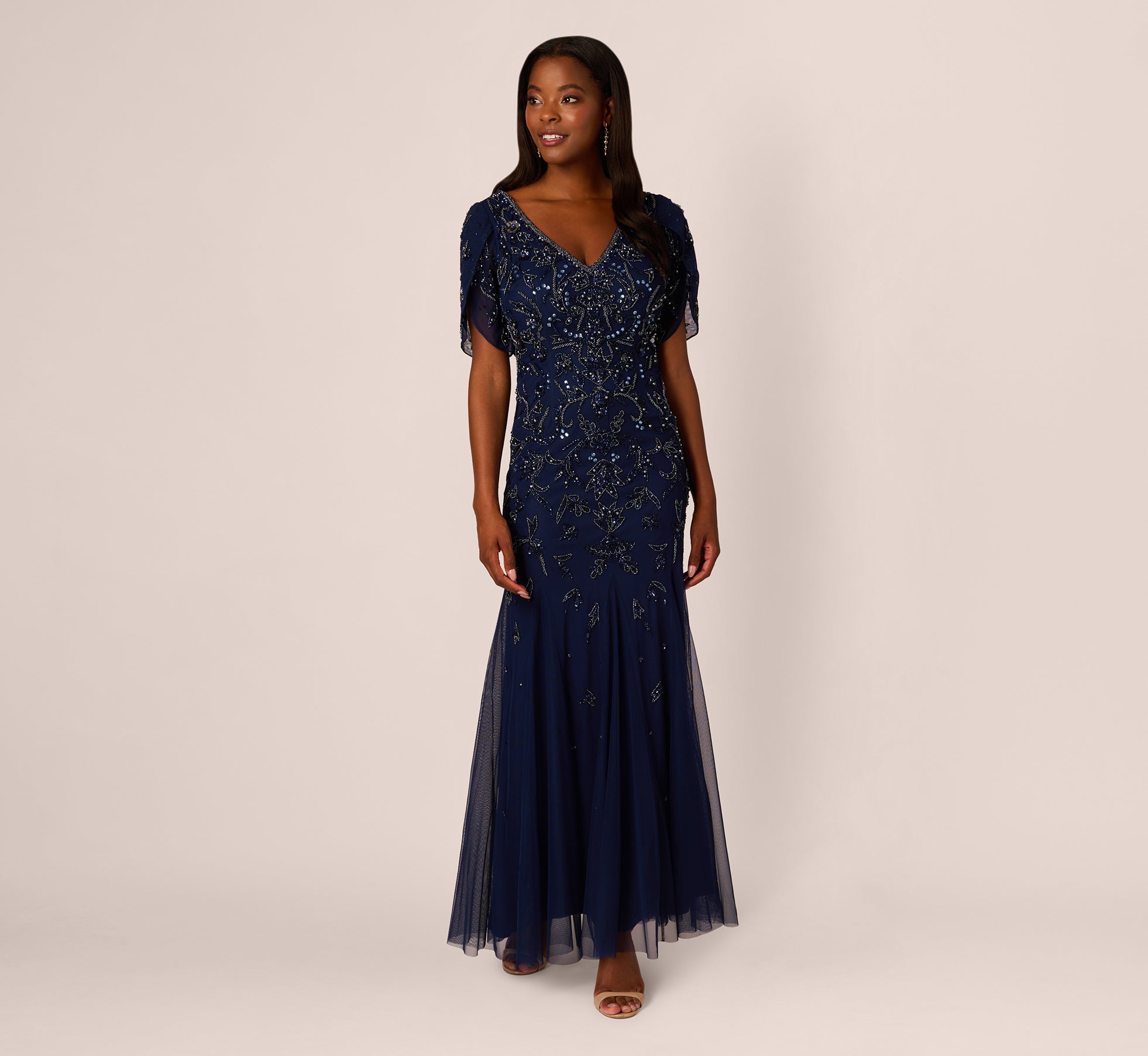 Beaded Mermaid Gown With Sheer Petal Sleeves In Light Navy、mySite、solidvoid