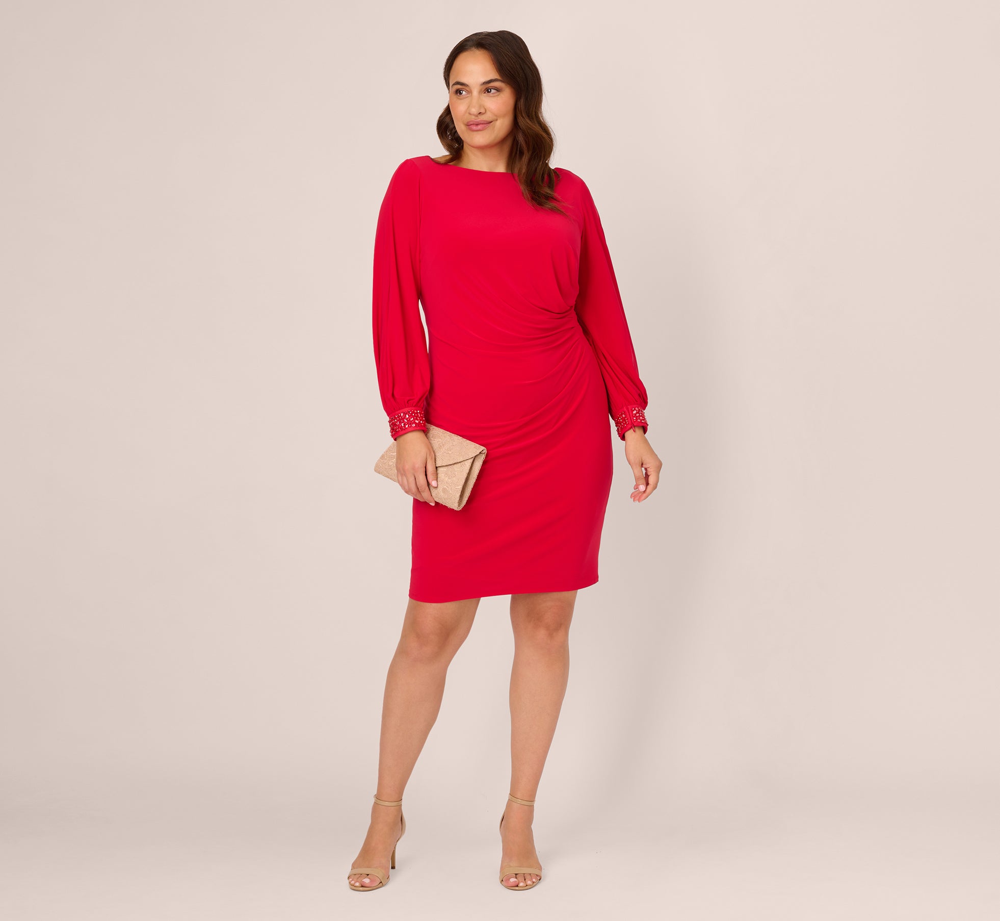 Plus Size Long Sleeve Draped Jersey Dress With Beaded Cuffs In Hot Ruby、mySite、solidvoid