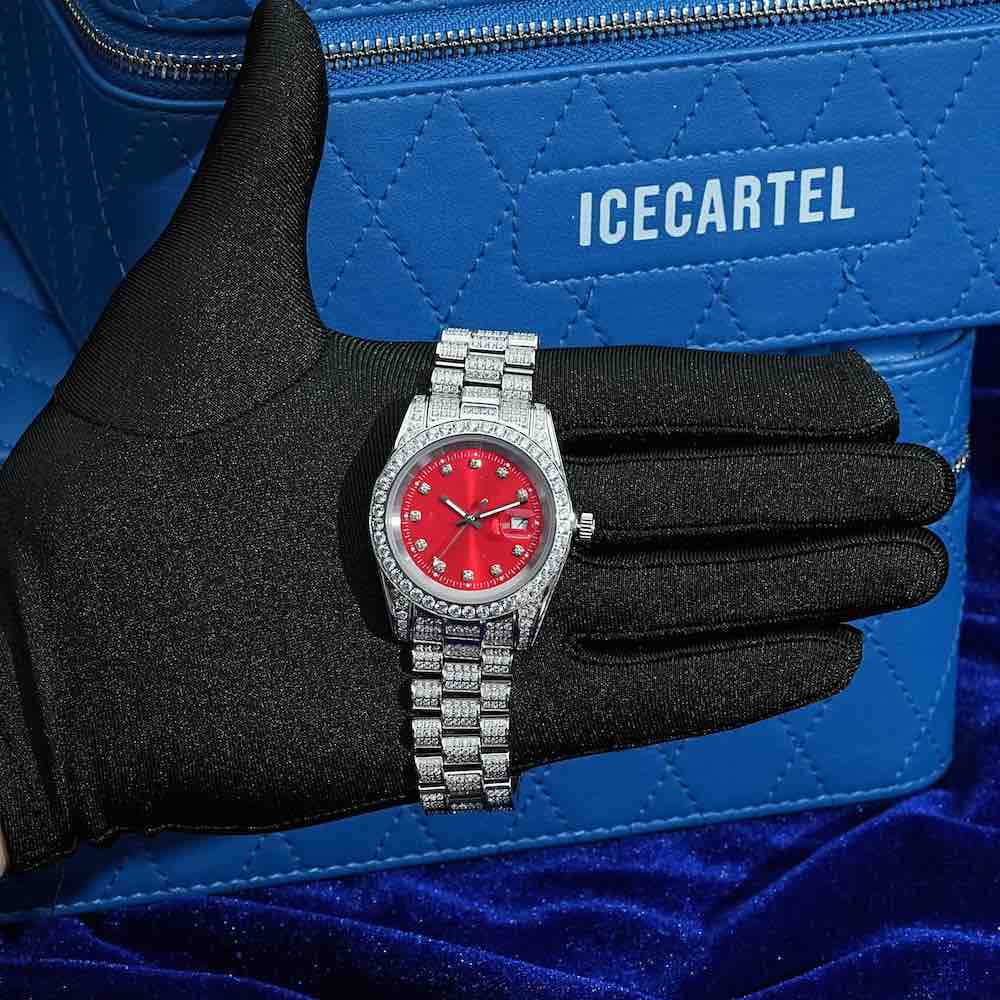 Moissanite Presidential Watch | Red Face | 41MM | 13.3CT Iced Out | 14K White Gold、mySite、hinf8tx79