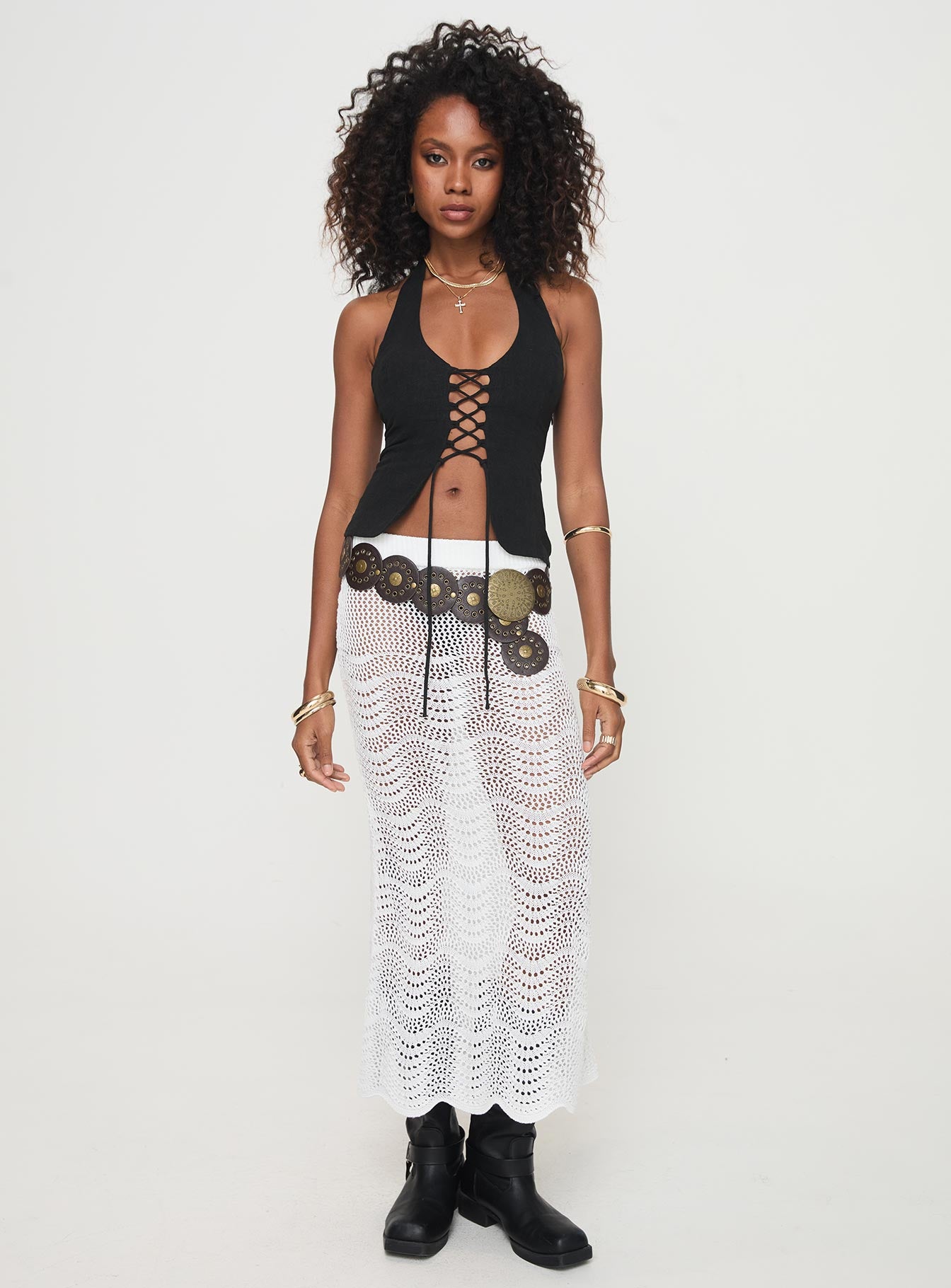 Kastio Crochet Midi Skirt White、mySite、solidvoid