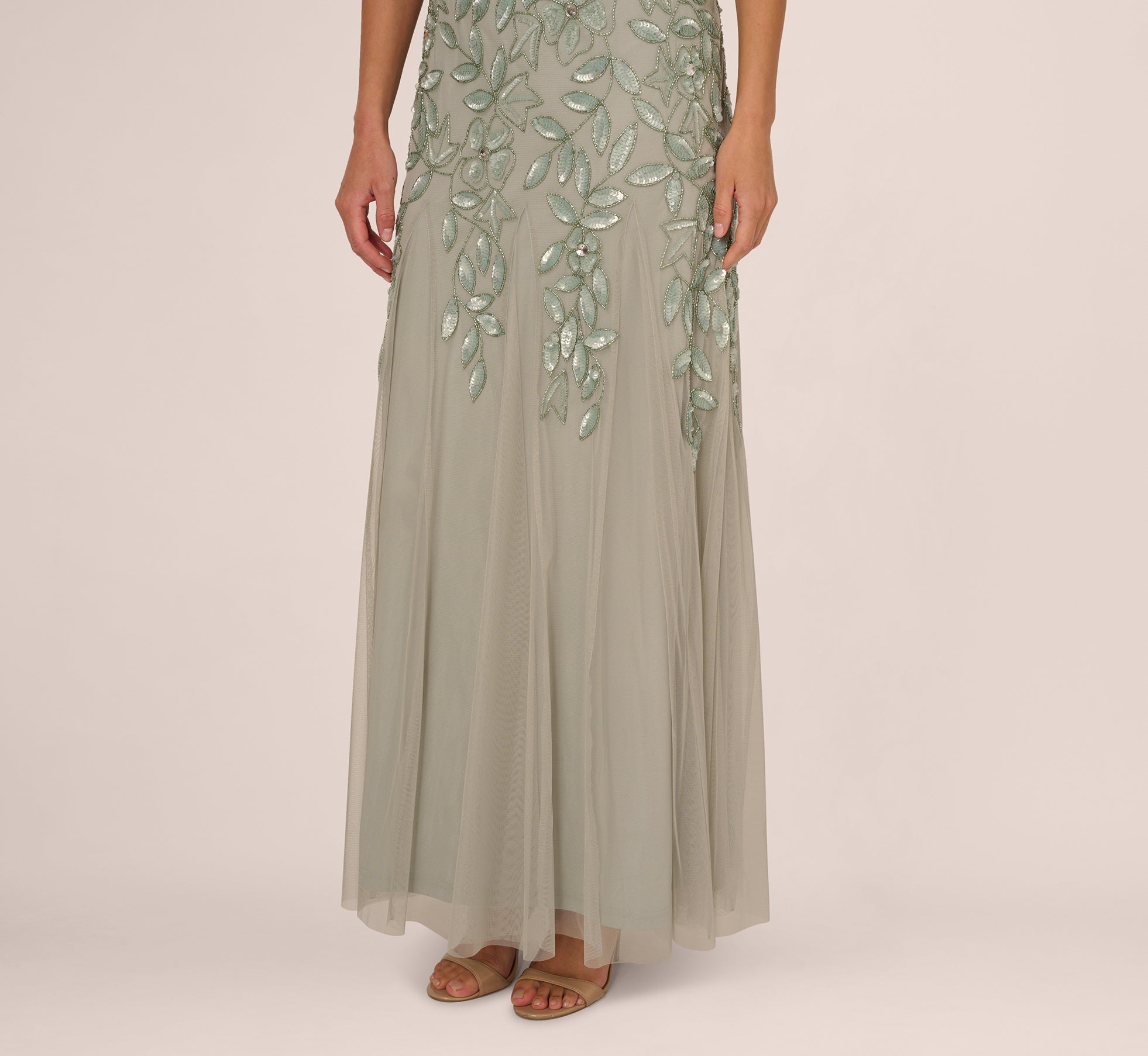 Hand Beaded Short Sleeve Floral Godet Gown In Frosted Sage、mySite、solidvoid