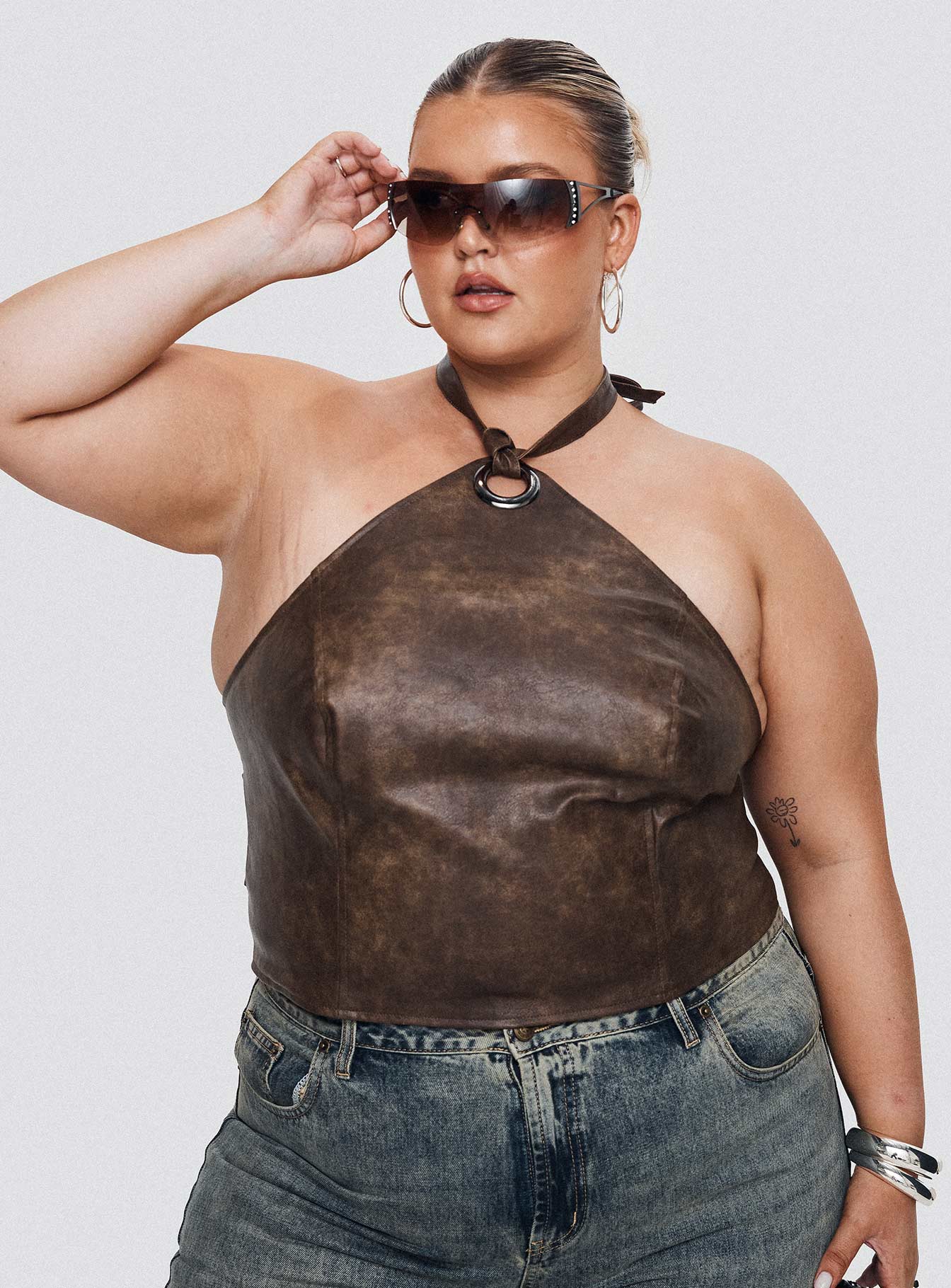 Treat You Better Ring Detail Faux Leather Top Brown Curve、mySite、solidvoid