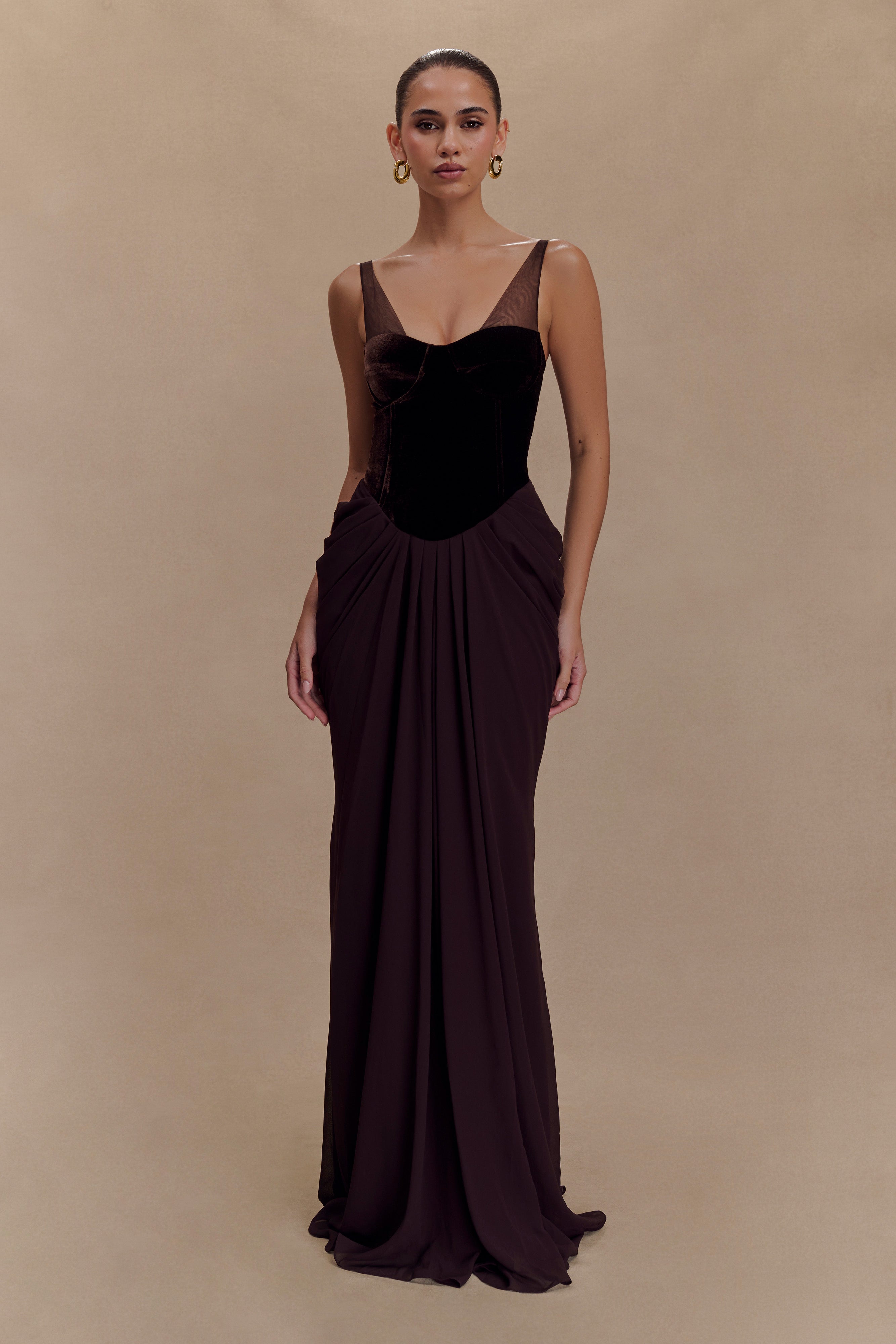 Roxanne Velvet Corset Maxi Dress - Cacao Brown、mySite、solidvoid