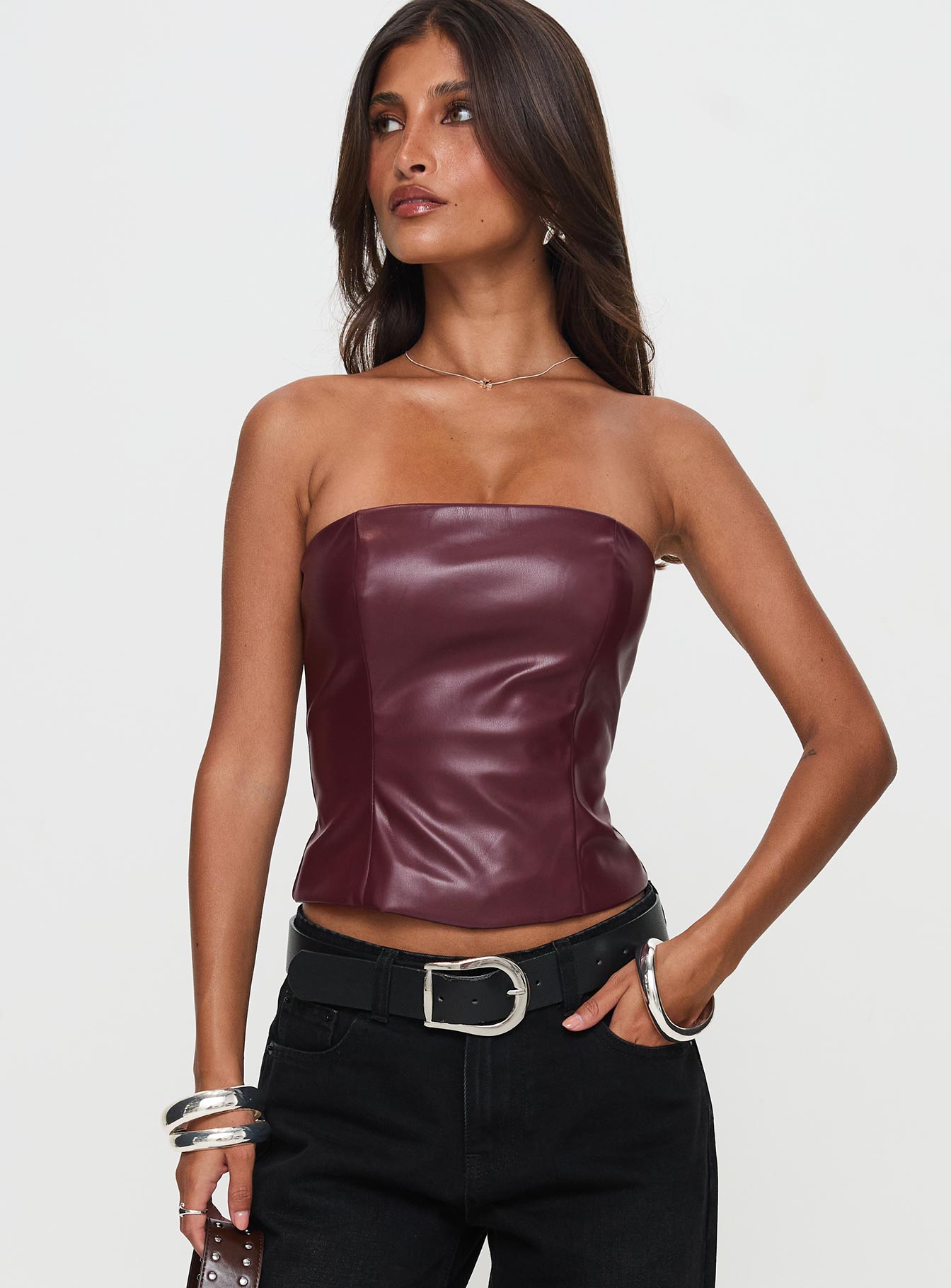 Oaklee Strapless Faux Leather Top Burgundy、mySite、solidvoid